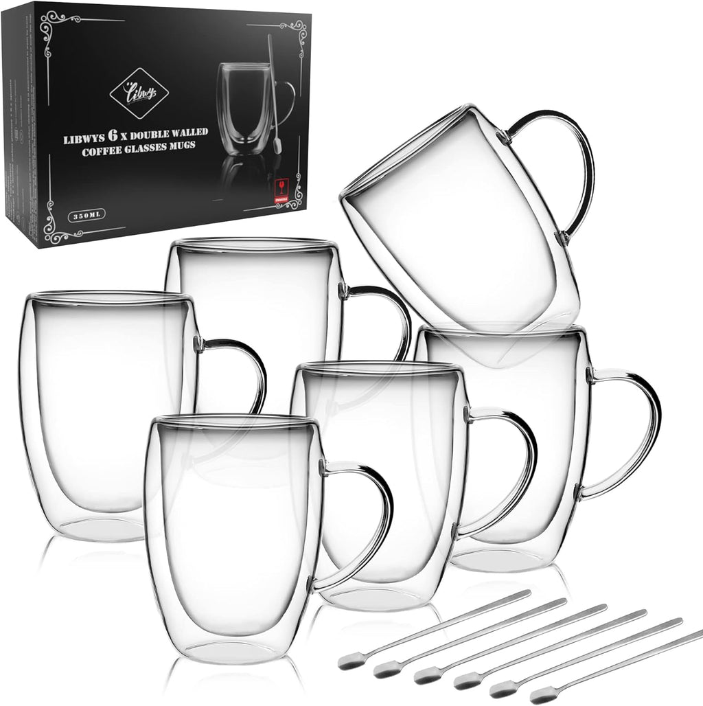 6 Pack Double Walled Coffee Cups Glasses Mug 12oz Borosilicate Glass