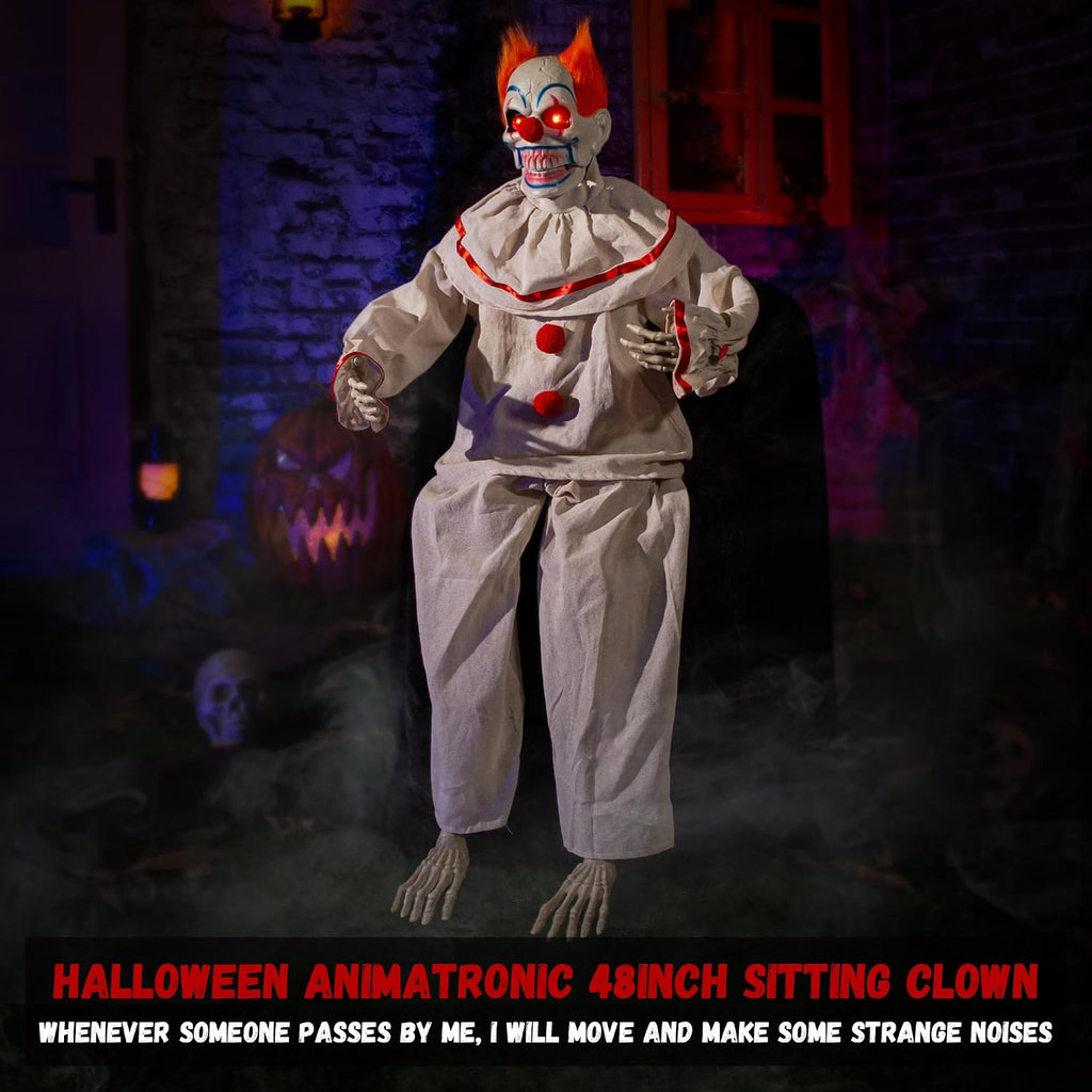 Halloween Animatronic Sitting Clown, Halloween Animated Decorations with Sound Activated, Creepy Sound, Light Up