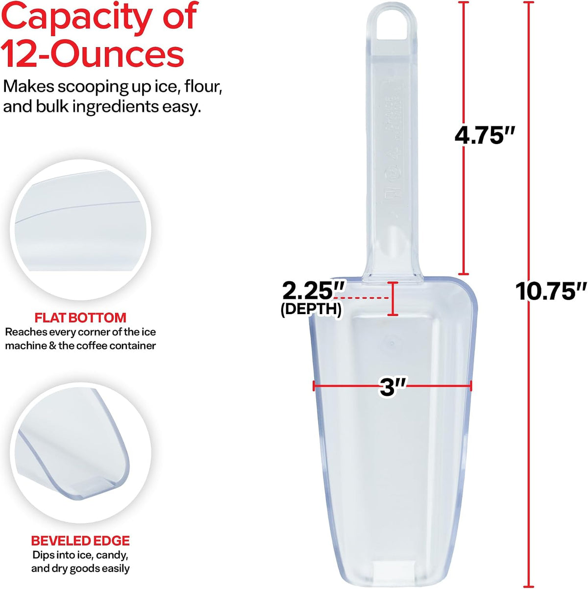 Ice Scoop for Freezer, 12 oz Clear Plastic Ice Scooper | NSF Certified Foodservice Utility Scoop | Beveled Edge