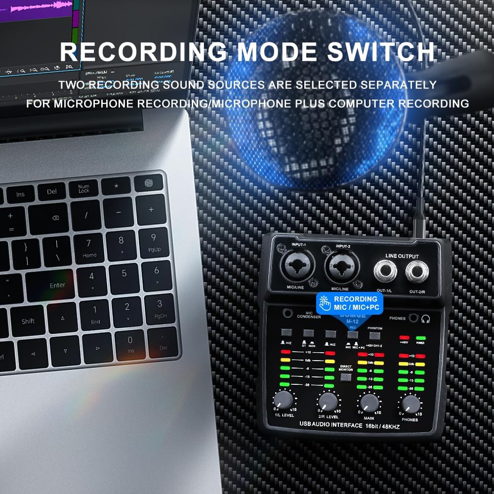 M12 USB Audio Interface, 2-Channel Mixer, XLR/3.5mm Input, 48V Power Supply, Sound Card for PC Recording, Studio