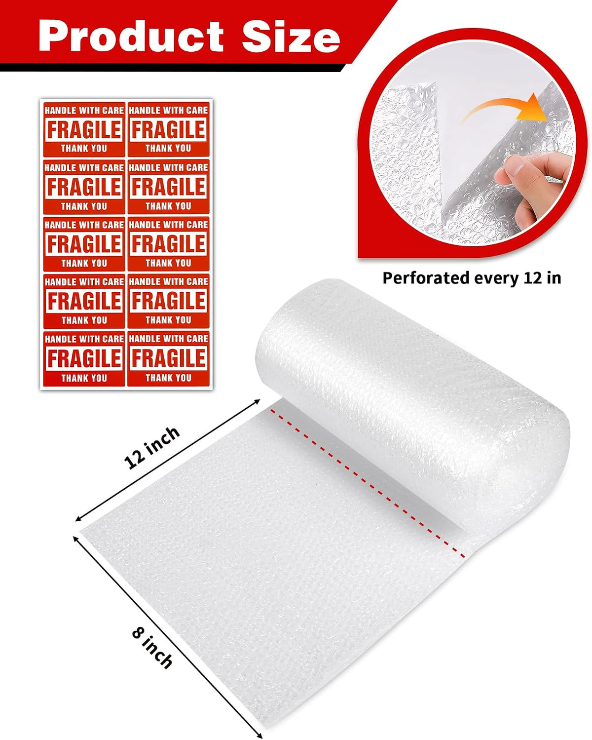 2-Pack Bubble Cushioning Wrap Rolls, 3/16" x 8" x 72' ft Total [2 Rolls of 36 Feet], Perforated 12" 20 Fragile