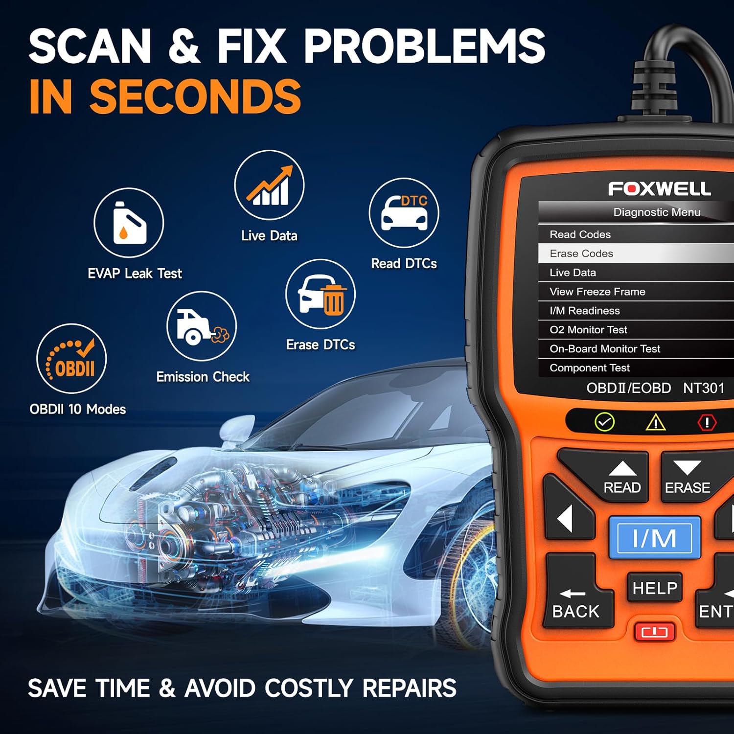 NT301 OBD2 Scanner Live Data Professional Mechanic OBDII Diagnostic Code Reader Tool for Check Engine Light