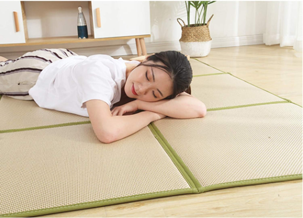 Large Japanese Tatami Mat 71x 71in Large Summer Breathable Sleeping Mat Foldable Rattan Floor Mat Non-Slip Memory
