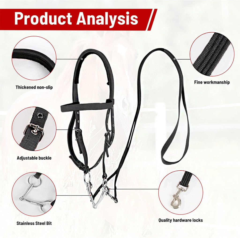 Adjustable Horse Bridle with Stainless Steel Bit - Equestrian Bridles and Horse Headstall（Black L