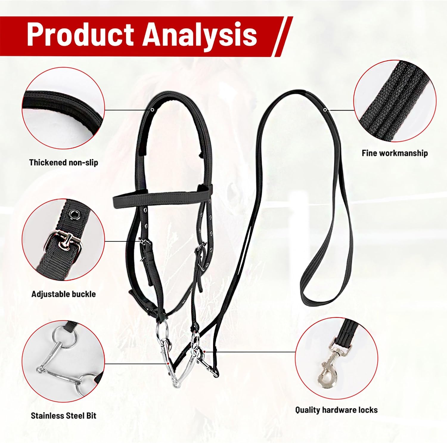 Adjustable Horse Bridle with Stainless Steel Bit - Equestrian Bridles and Horse Headstall（Black L