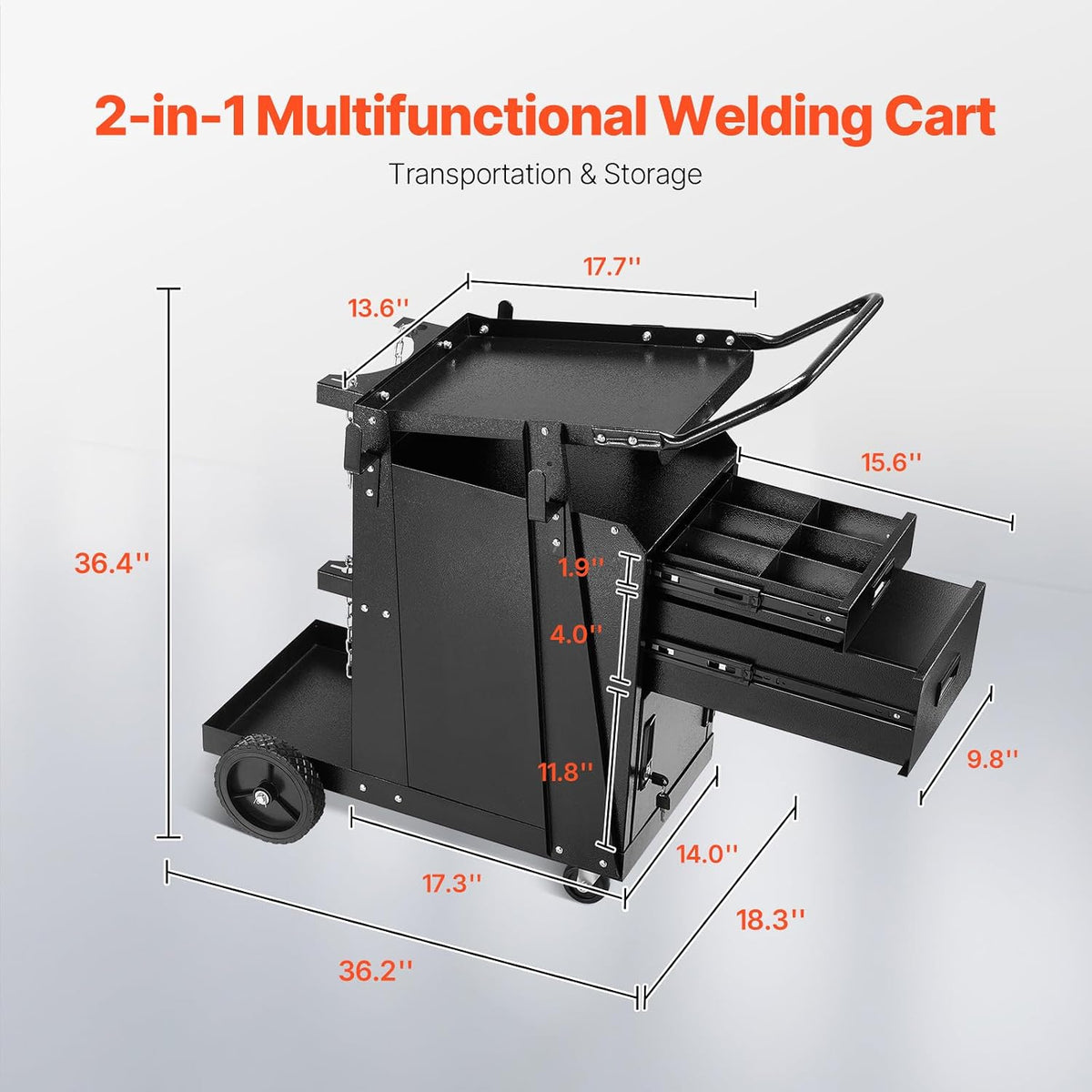 Welding Cart, Heavy Duty, 350LBS Capacity, 2 Drawers & Lockable Cabinet, 360° Wheels, with Safety Chains for Welders