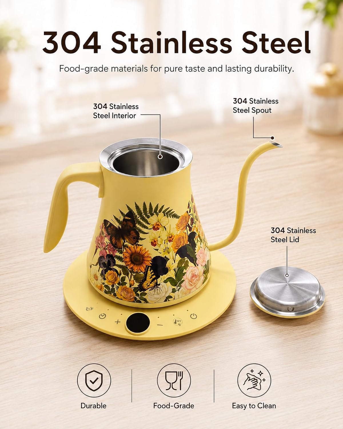 0.8L/27oz Gooseneck Electric Kettle - ±1℉ Precise Temperature Control for Pour Over Coffee & Tea, 1200W Fast Heating