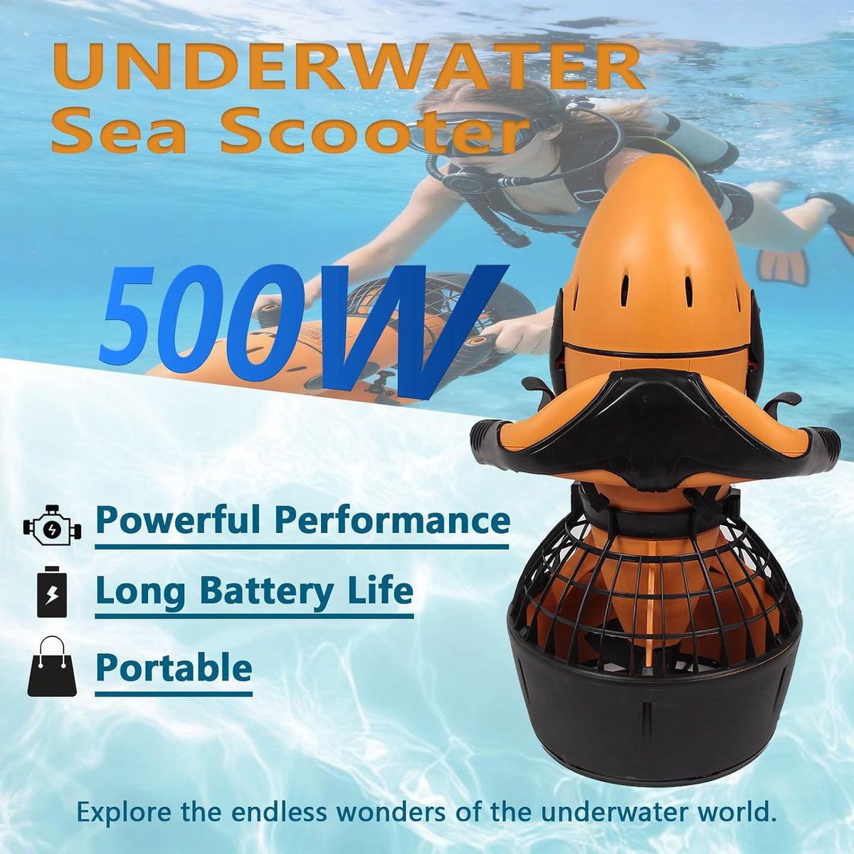 Underwater Scooter 500W Brushless Motor, 60-Min Long Battery Life & Variable Speed Control