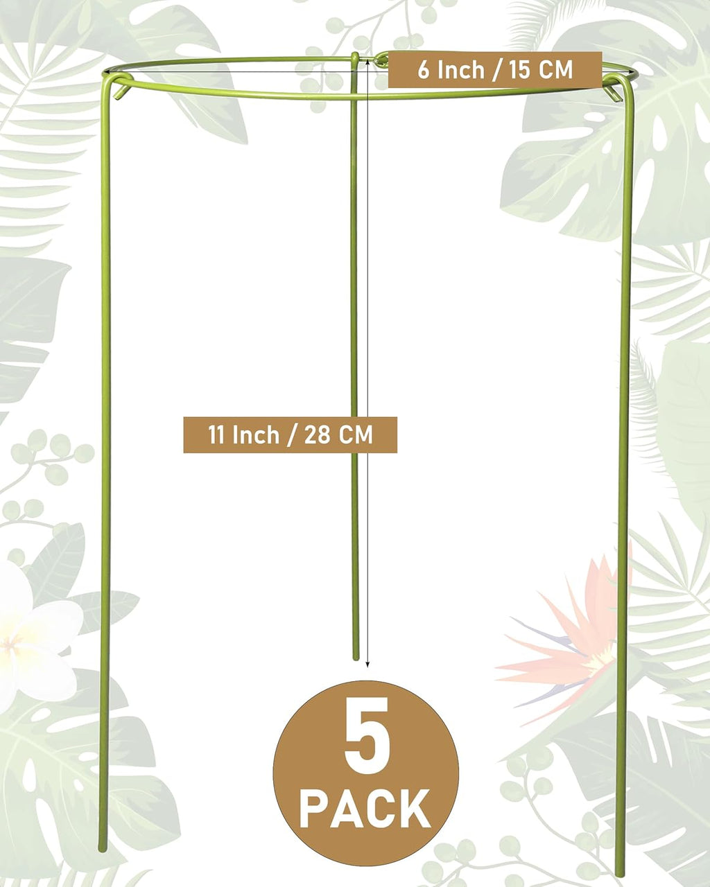 5-Pack Heavy Duty Plant Support Stakes, Metal Plant Ring Cages for Indoor Outdoor Plants, Adjustable Garden Stakes