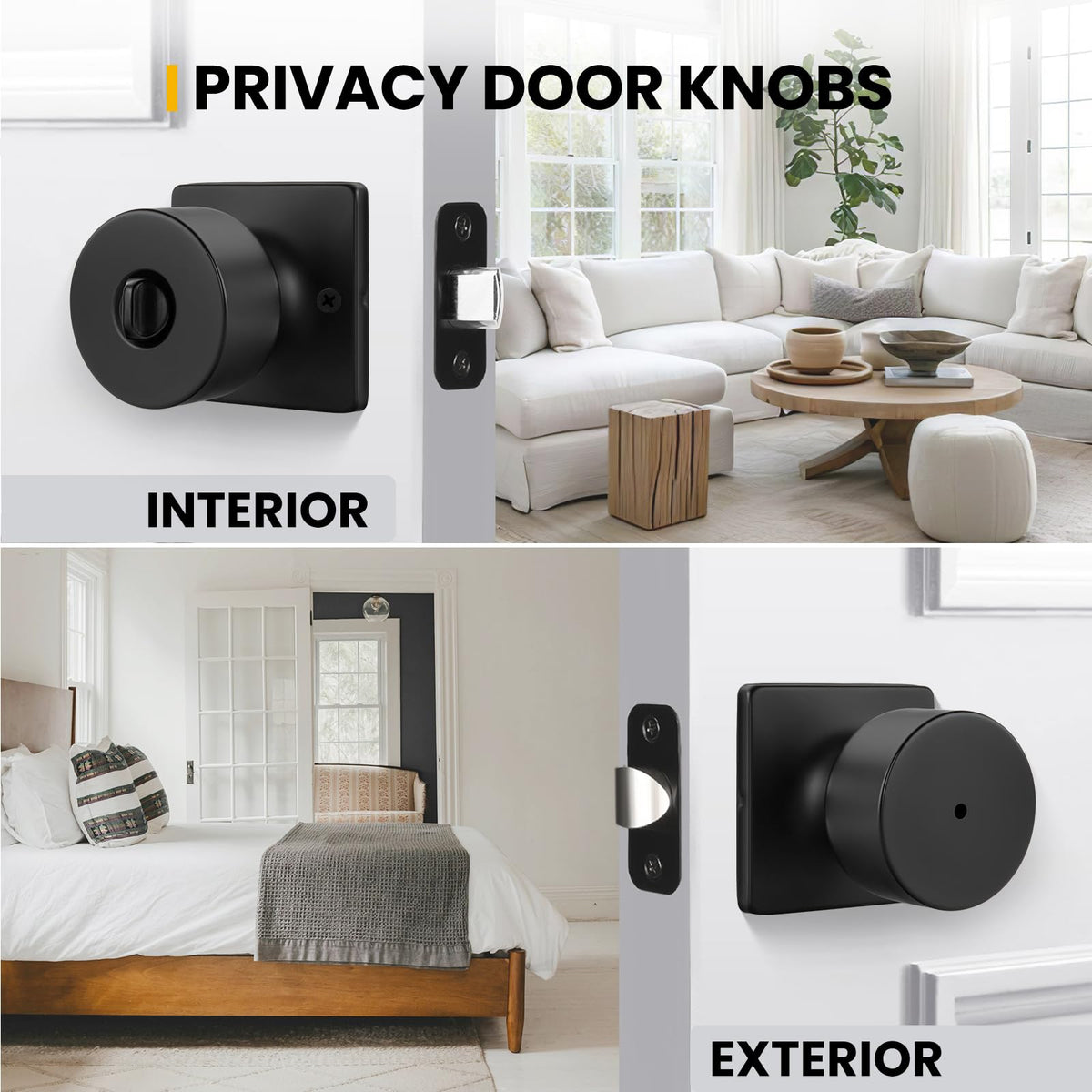 Matte Black Door Knobs Interior, Privacy Bedroom Door Knob with Lock, Black Interior Door Knobs Bathroom 1 Pack