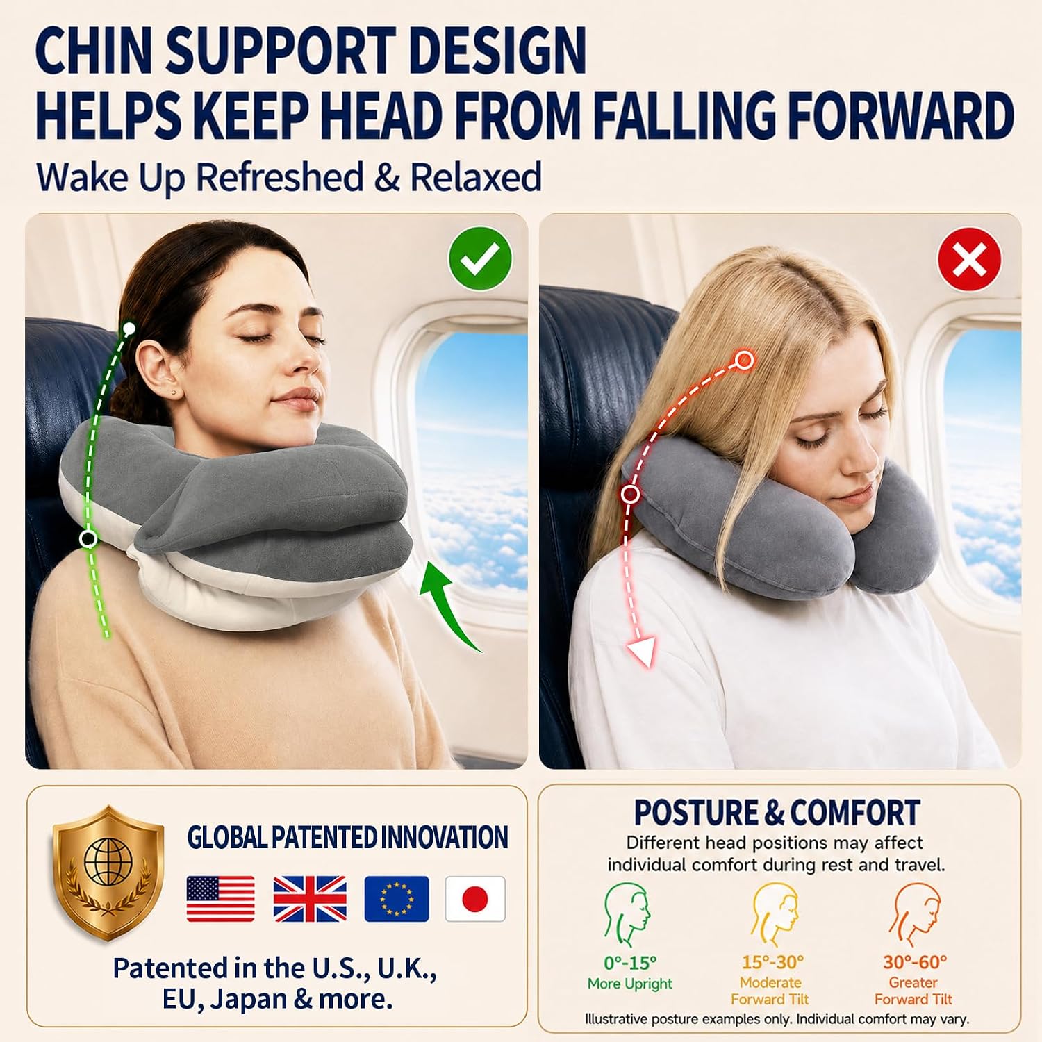 Travel Neck Pillows for Airplanes, Memory Foam 360° Head Support Sleep for Long Flight, Skin-Friendly & Breathable