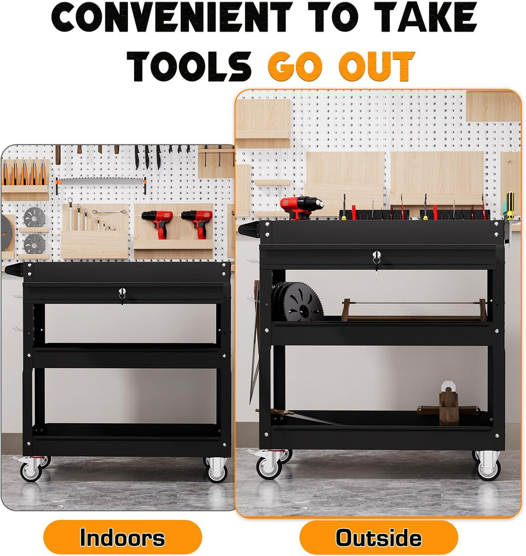 3 Tier Tool Cart on Wheels with Drawers - Three Tier Rolling Cart with Lockable Storage - Mechanic Tool Chest - Tool
