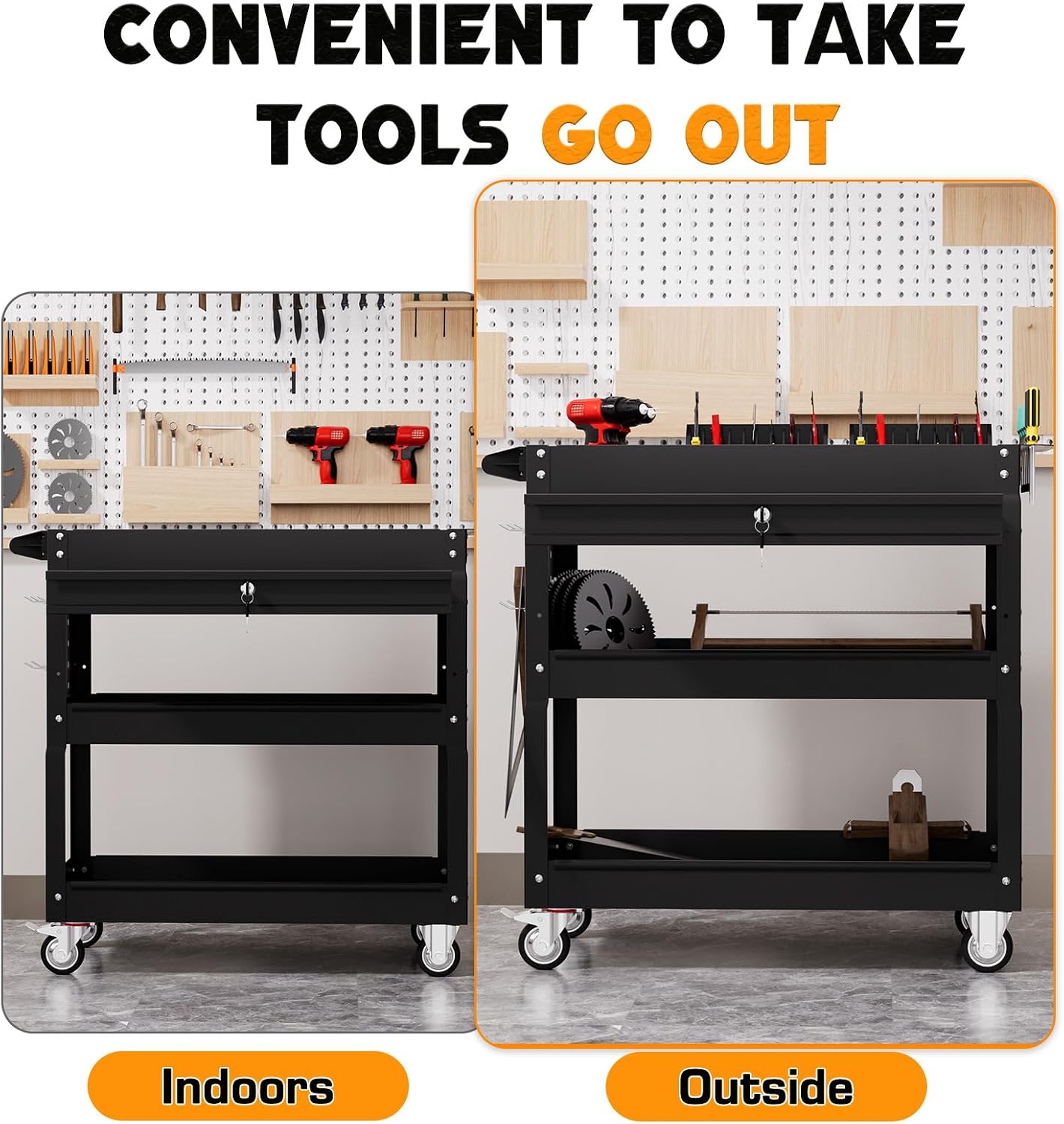 3 Tier Tool Cart on Wheels with Drawers - Three Tier Rolling Cart with Lockable Storage - Mechanic Tool Chest - Tool