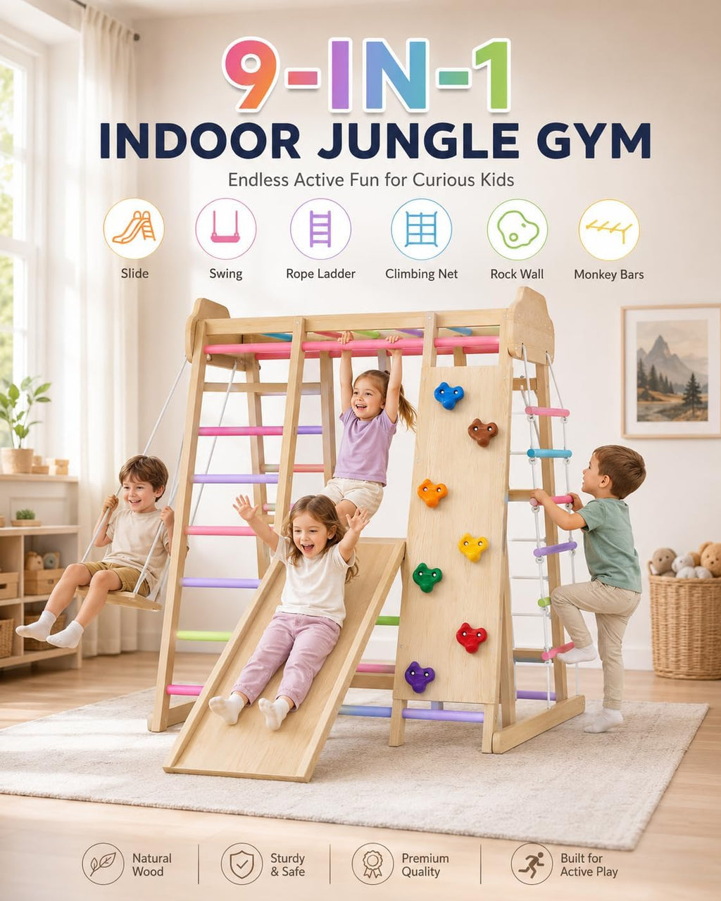9-in-1 Indoor Playground for Toddlers, Montessori Wooden Jungle Gym Kids Climbing Indoor with Slide, Swing, Monkey