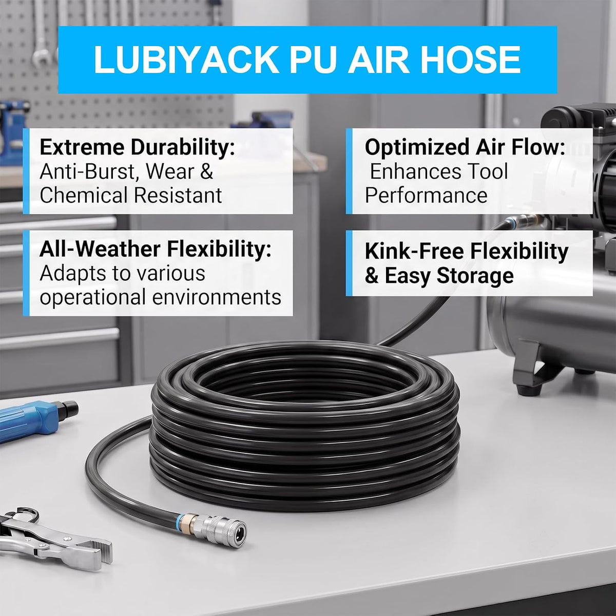Black PU Air Hose, 12mm OD 8mm ID, 50FT