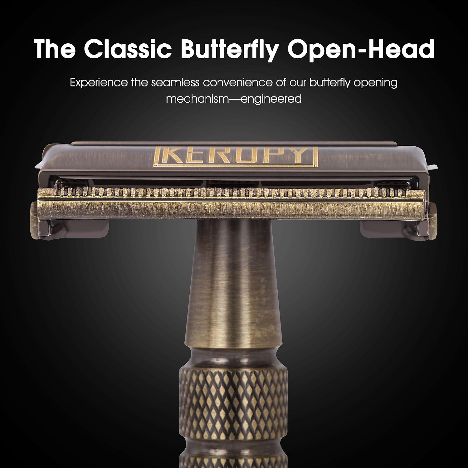 K eropy Butterfly Open Safety Razor for Men, Bronze | 10 razor blades, long handle, Pressure-free Close shave