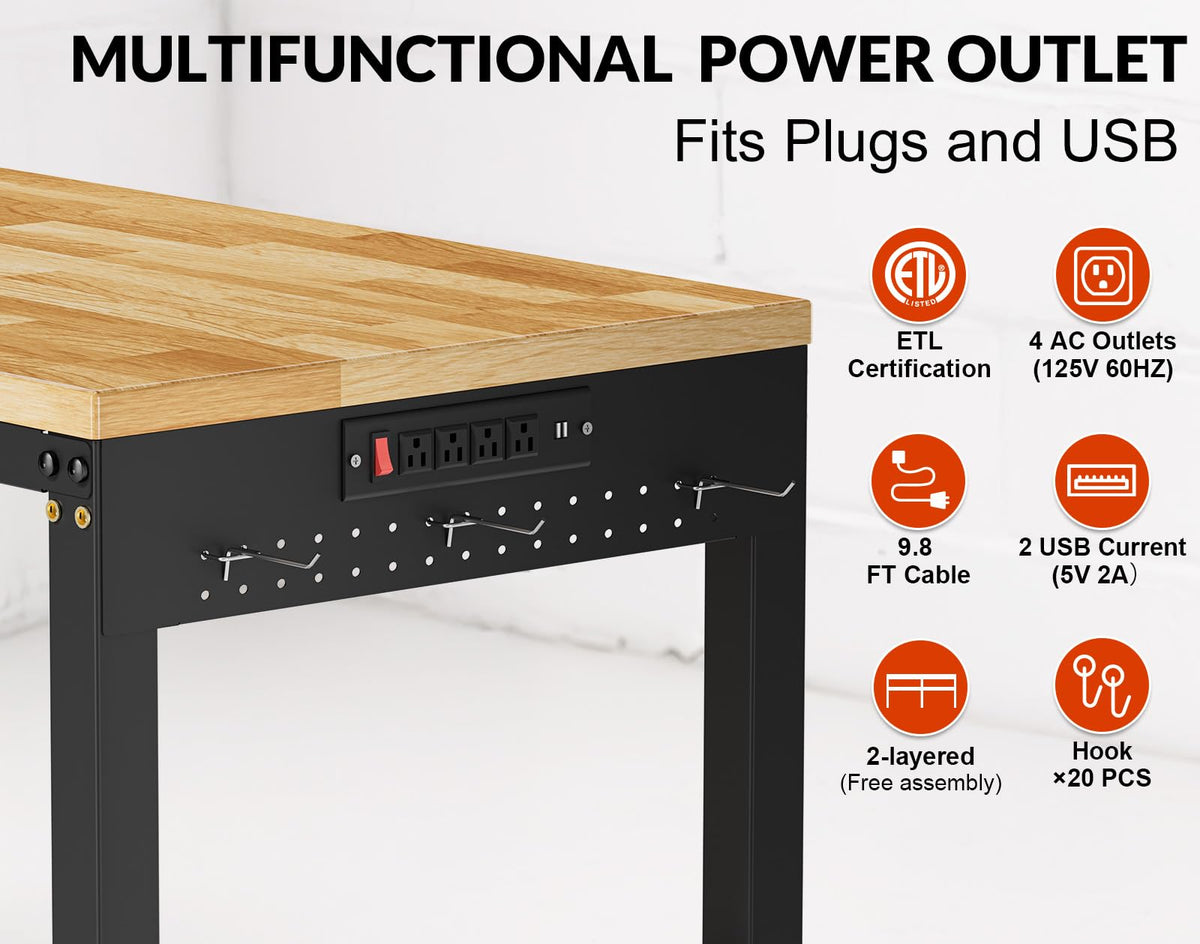 84” Heavy Duty Work Bench, 2-Layer Adjustable Workbench, 5000 LBS Capacity Work Bench with Power Outlet & Pegboard