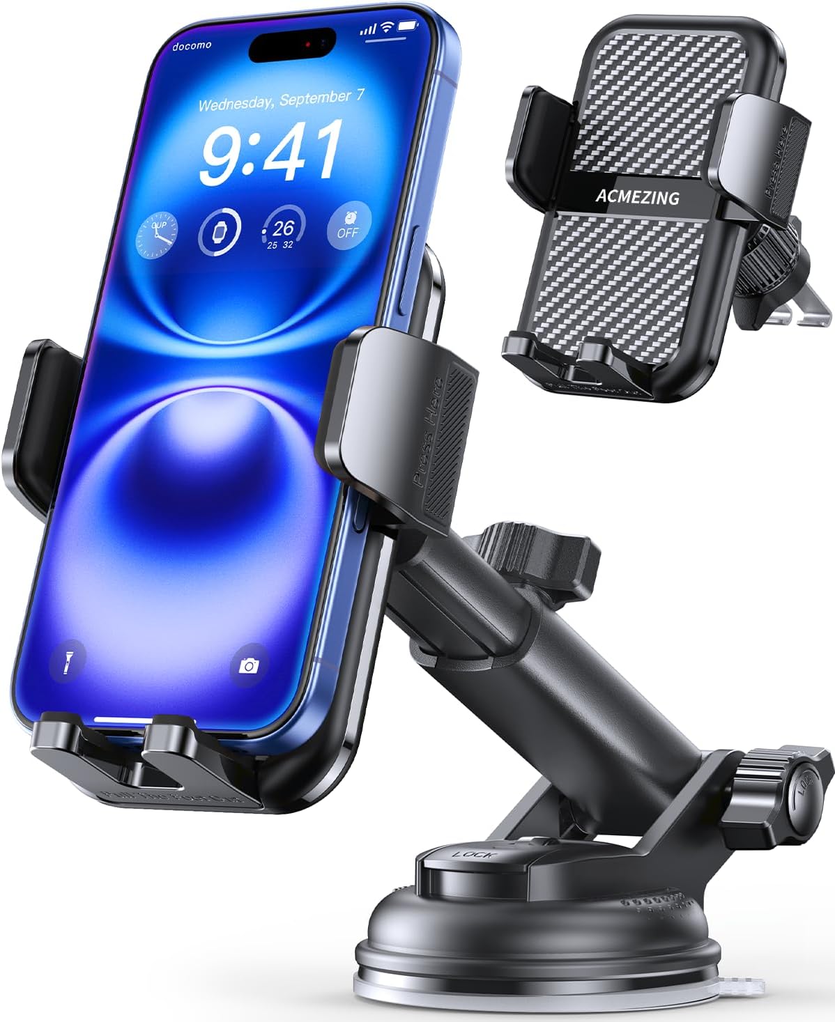 3-in-1 Car Phone Holder [122+LBS Strongest Suction & Stable Clamp Arm] 360° Adjustable Car Phone Mount, Cell Phone