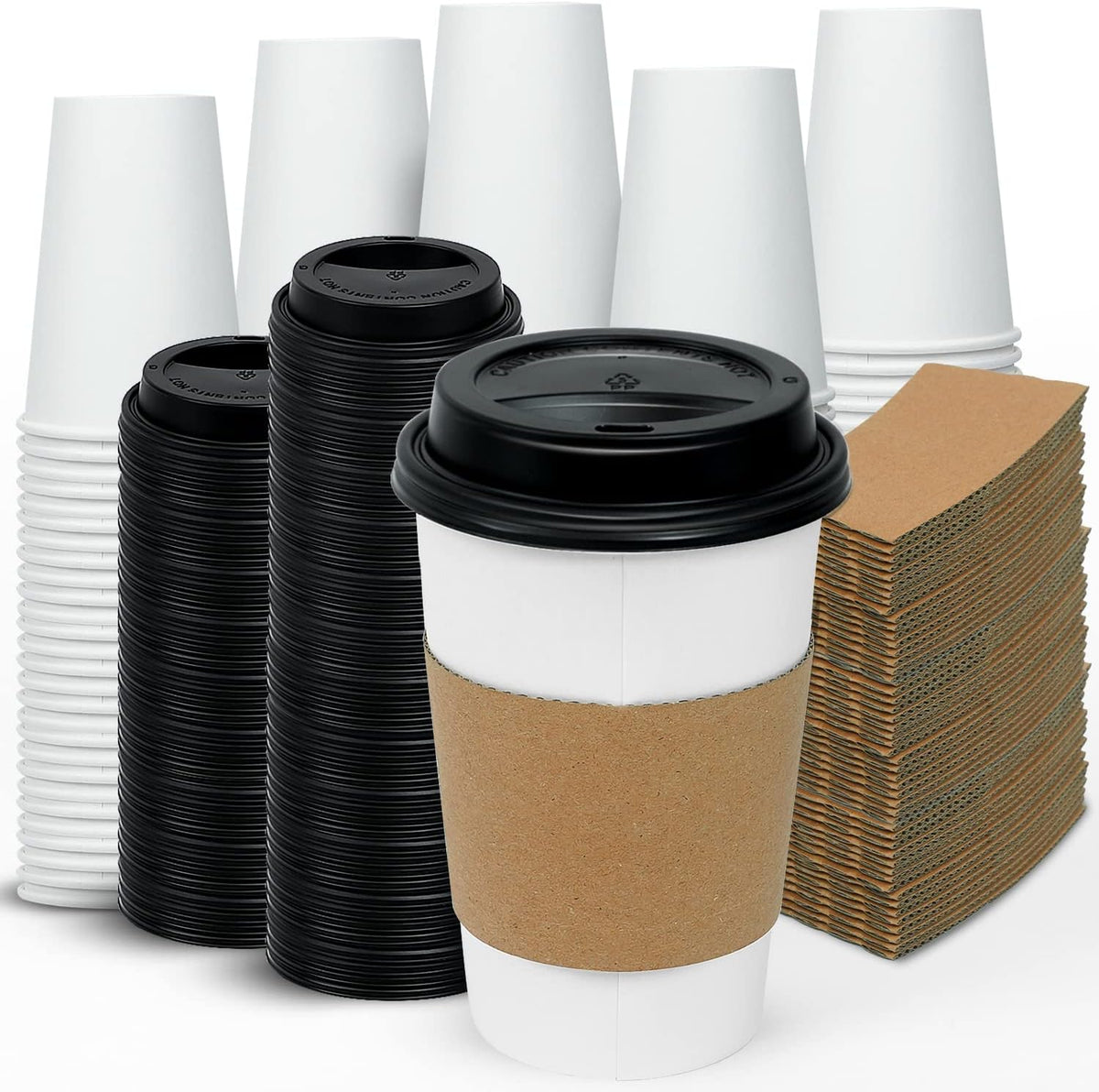 100 Pack 16 oz Disposable Coffee Cups with Lids and Sleeves