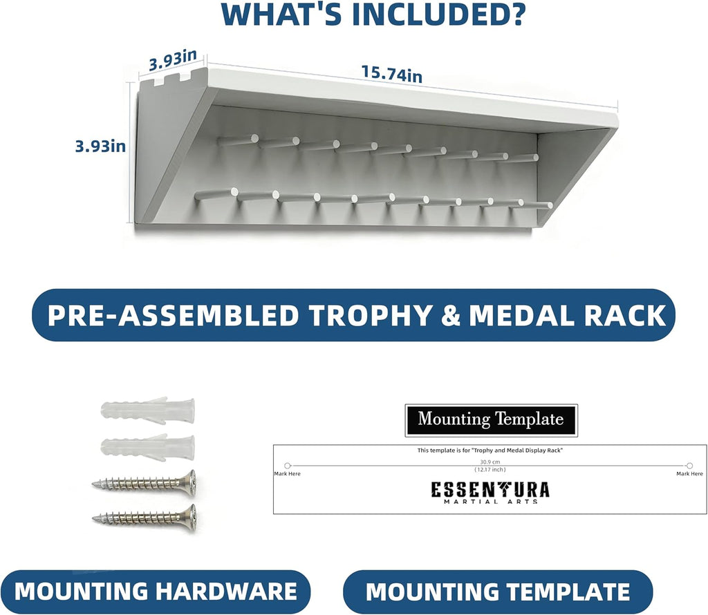 Medal Hanger Display and Trophy Shelf with Hooks - Wooden Medal Holder for Wall Mount Ribbon Display, Trophy Display