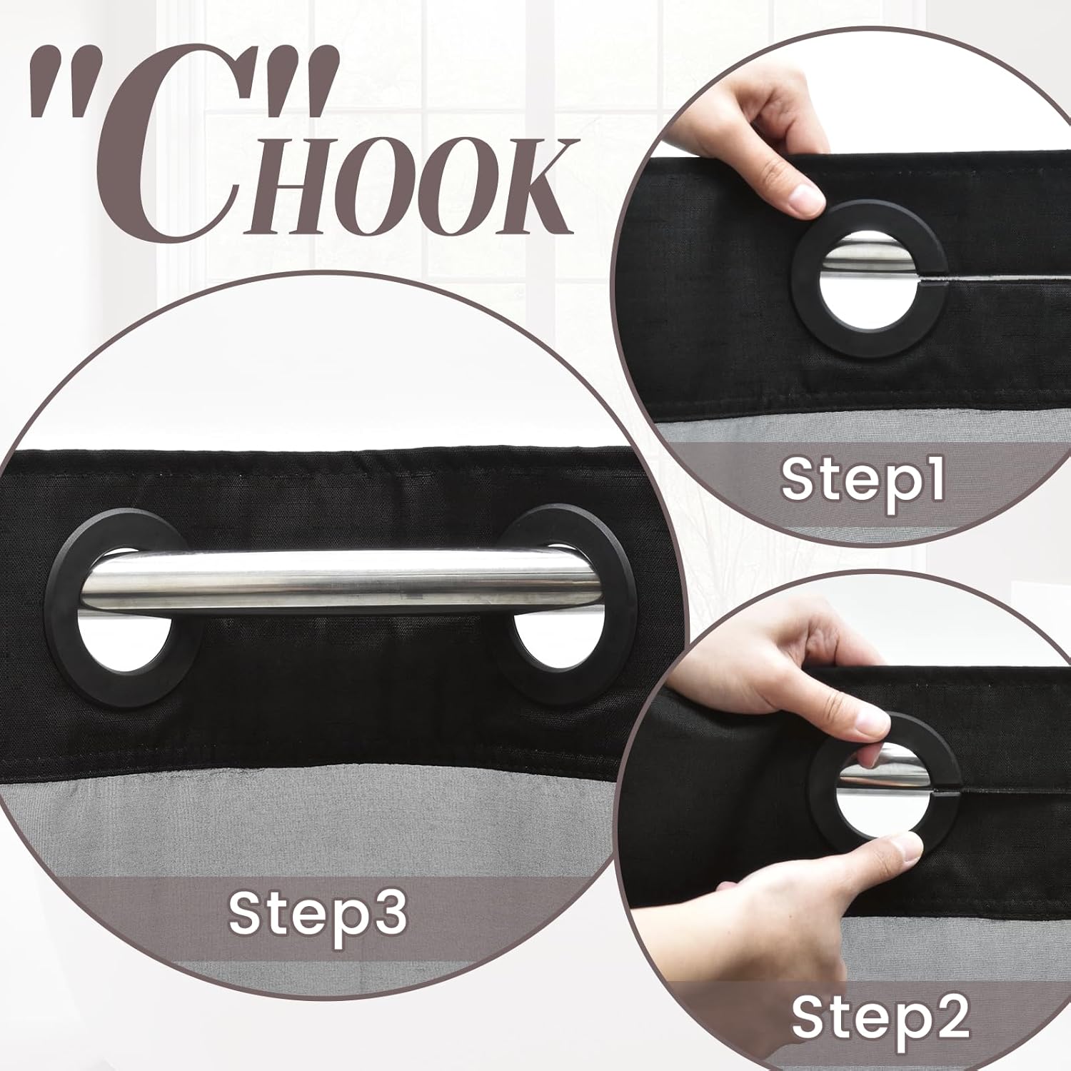 No Hook Slub Textured Shower Curtain with Snap in Liner - Black Fabric Outer Curtain & Waterproof Inner Liner, Hotel