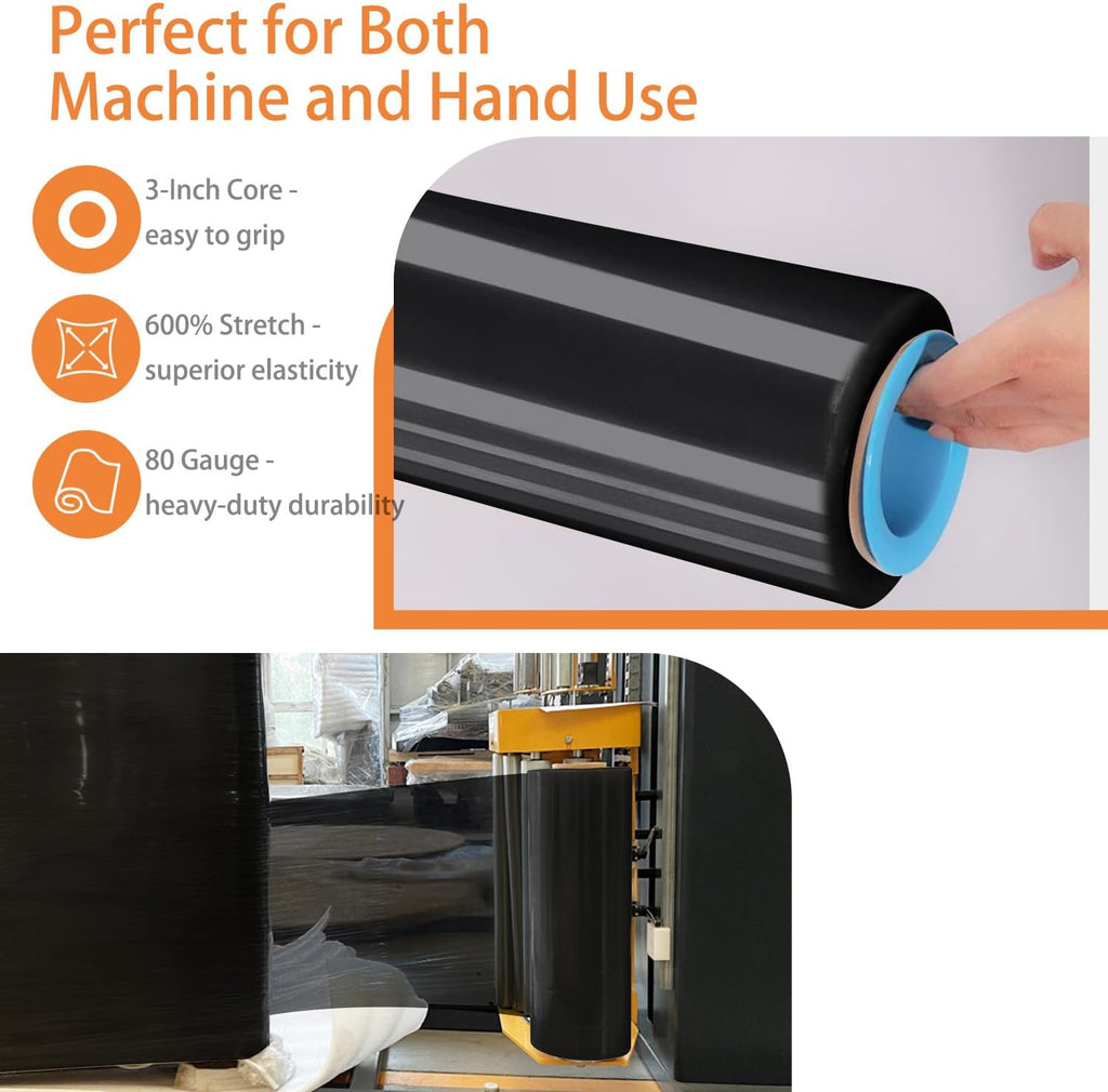 Black Plastic Stretch/Shrink Wrap Roll 18" x 1500' 4 Rolls | Plastic Wrap for Moving, Heavy Duty 80 Gauge, 600%