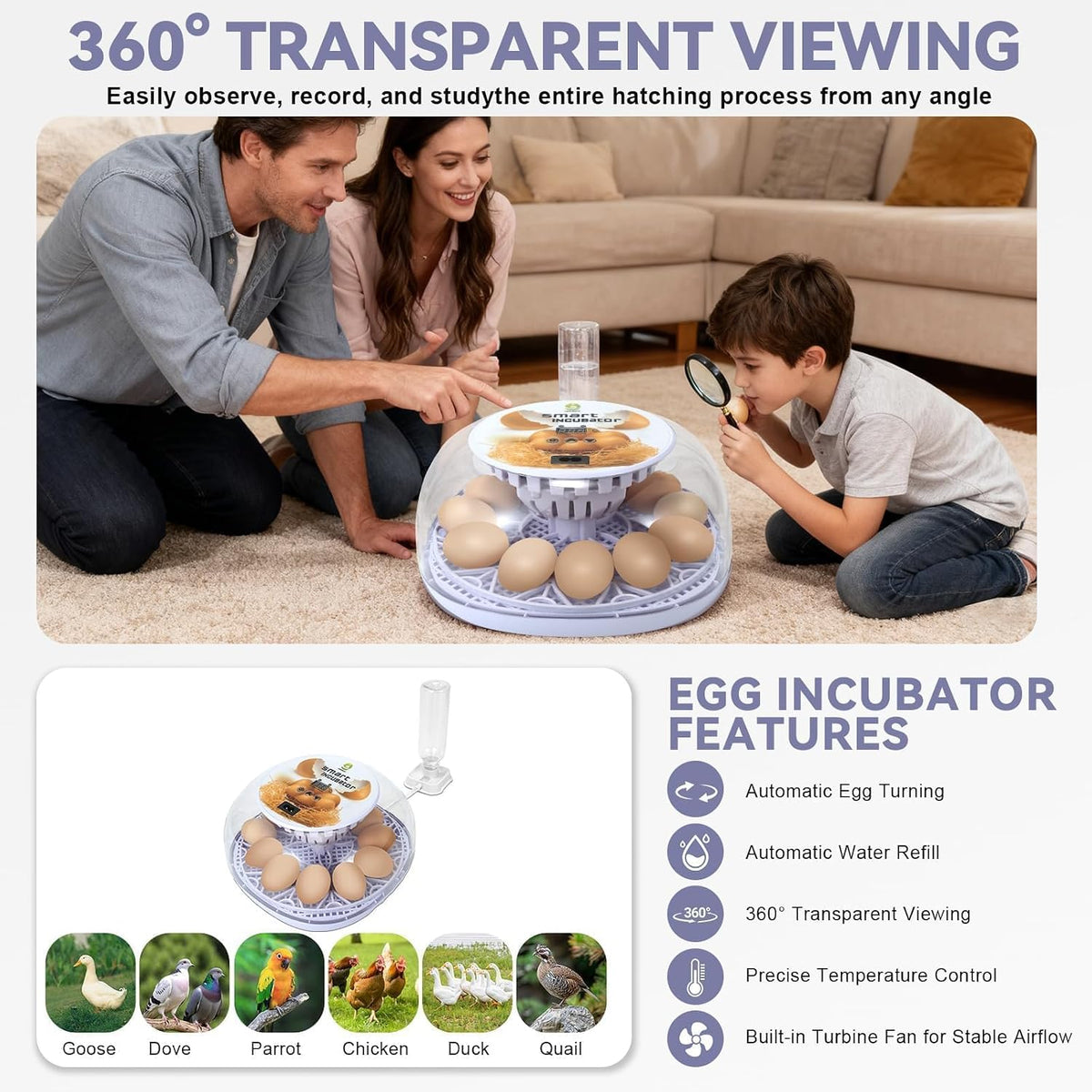 Gen I - 12 Egg Automatic Incubator, Steady Humidity with Auto-Refill, Stable Temp Control, Auto Egg Turning, Candler