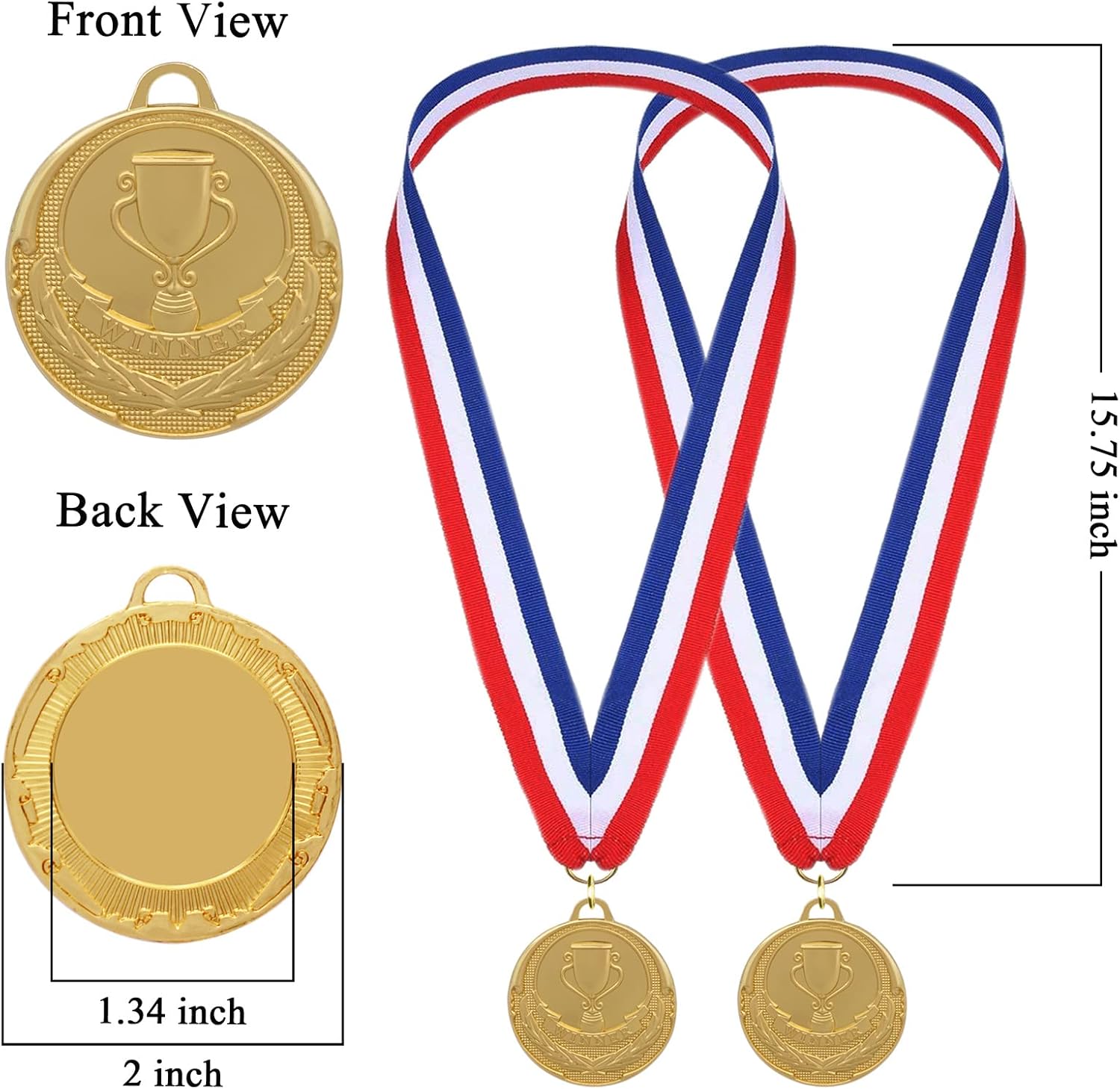 12 Pieces Gold Medals for Awards - Winner Medal Metal with Neck Ribbon Prizes for Kids, Adults, Sports Day, Spelling
