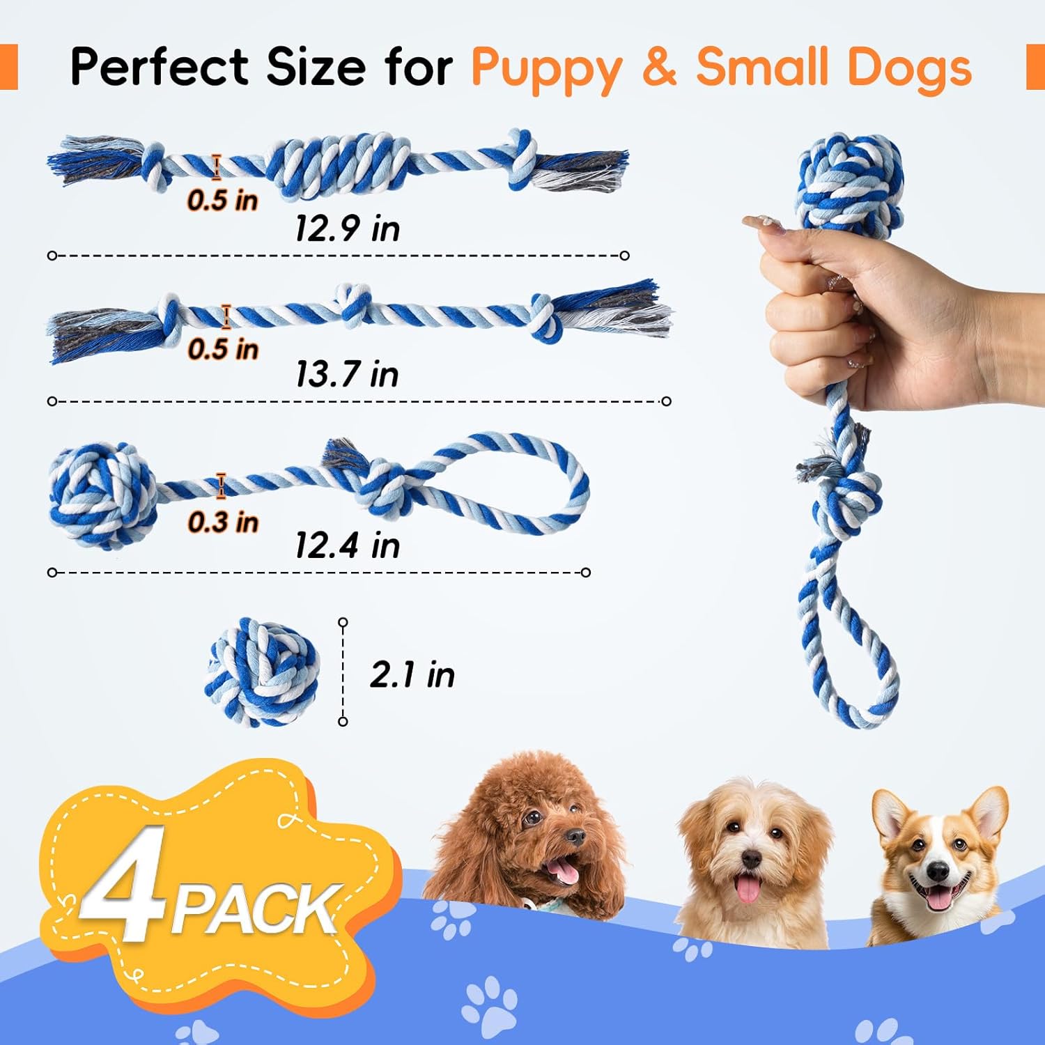 Dog Rope Toys 4 Pack, Puppy Teething Cotton Knot Chew Rope for Small Medium Dogs, Interactive Tug of War Dog Toys for