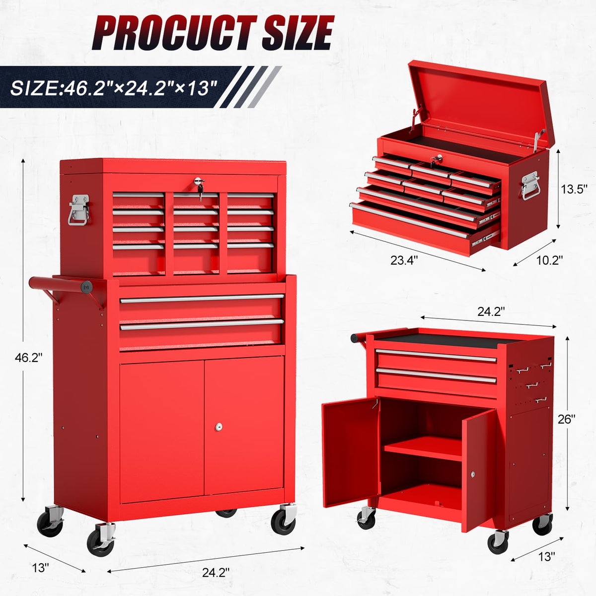 10-Drawer Rolling Tool Chest with wheels, Lockable 2-in-1 Tool Box