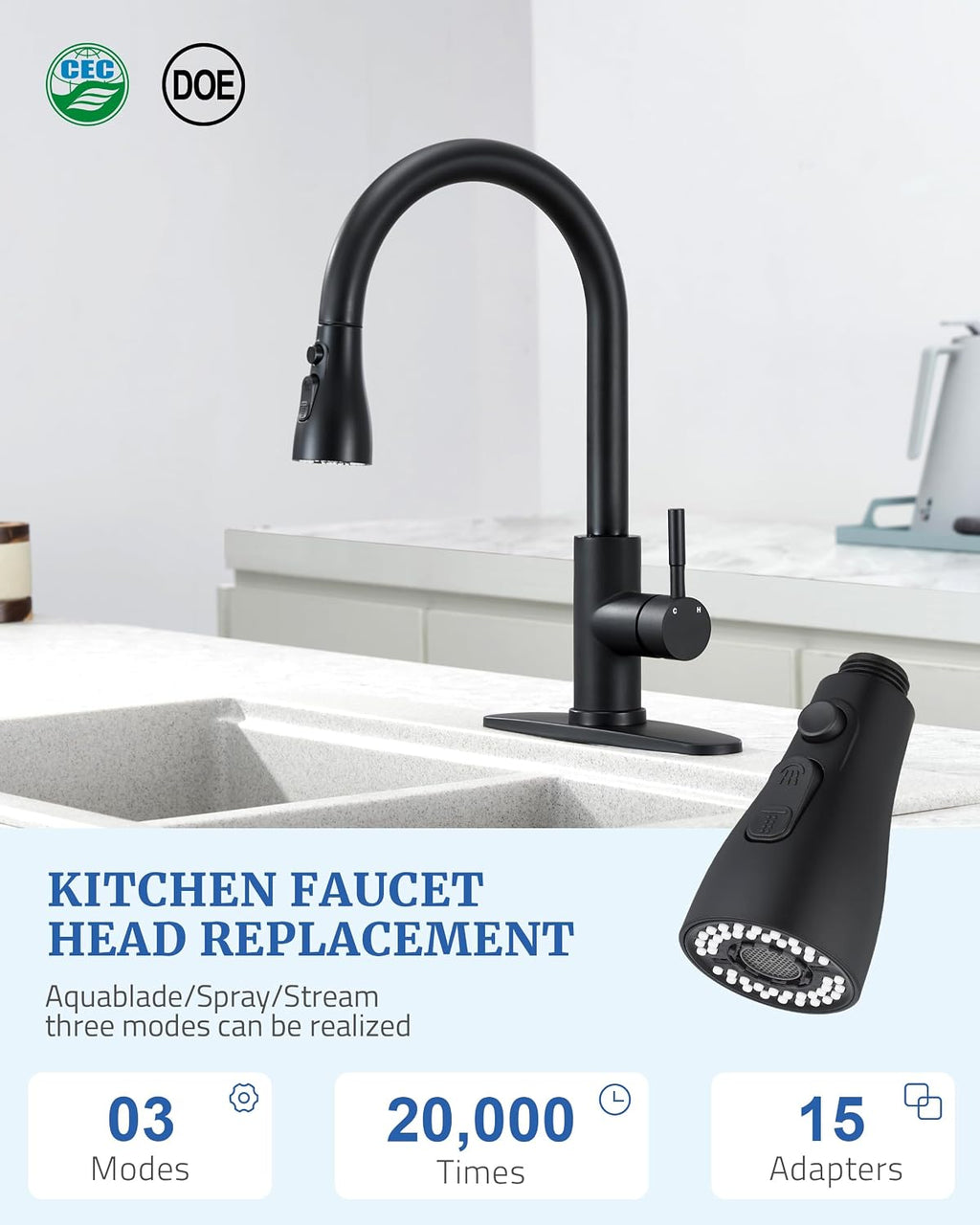 Kitchen Faucet Spray Head Replacement, Pull Down Sprayer with 15 Adapters