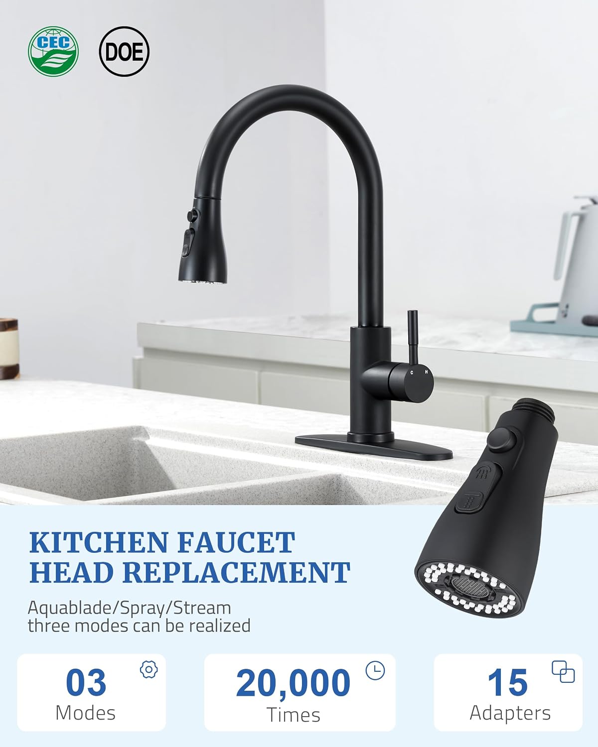 Kitchen Faucet Spray Head Replacement, Pull Down Sprayer with 15 Adapters