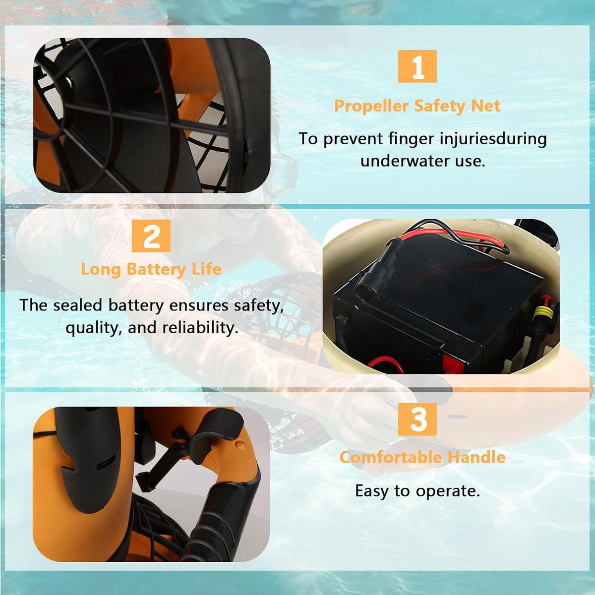 Underwater Scooter 500W Brushless Motor, 60-Min Long Battery Life & Variable Speed Control