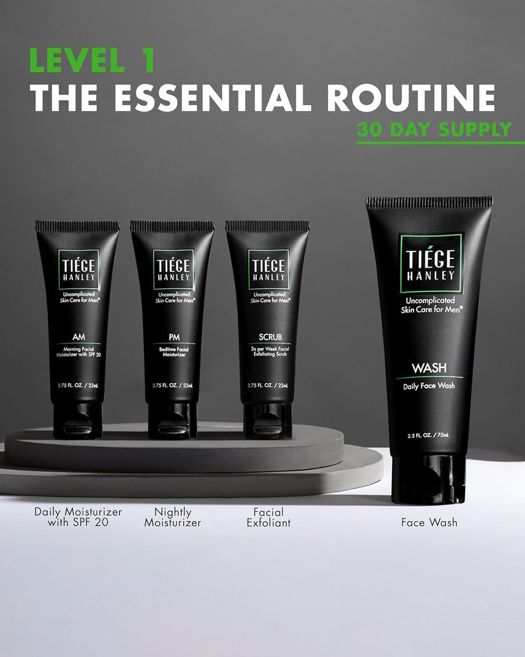 Skin Care Set for Men, Essential Routine, System Level 1, Daily Face Wash, Facial Scrub, Moisturizer With SPF, and