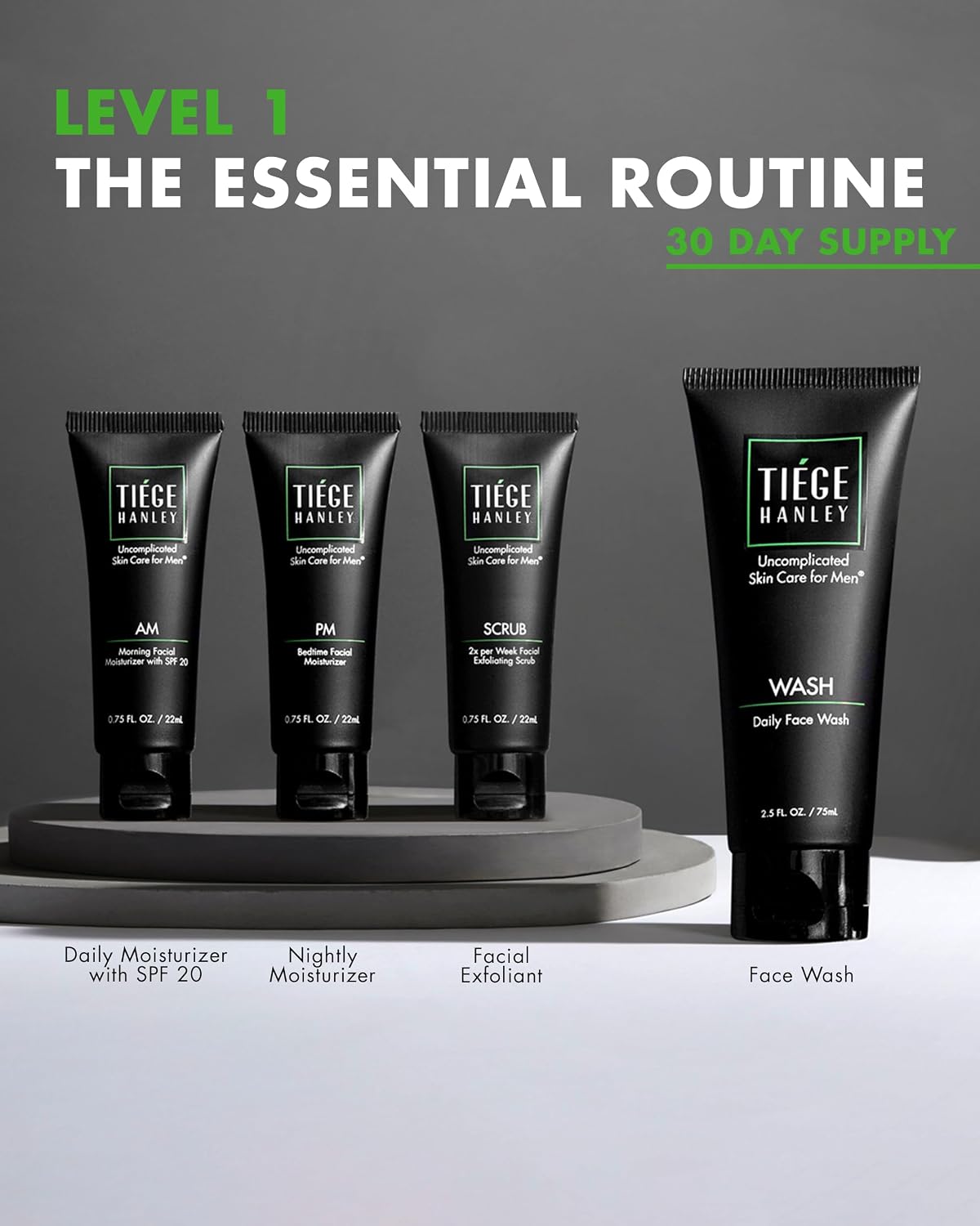 Skin Care Set for Men, Essential Routine, System Level 1, Daily Face Wash, Facial Scrub, Moisturizer With SPF, and