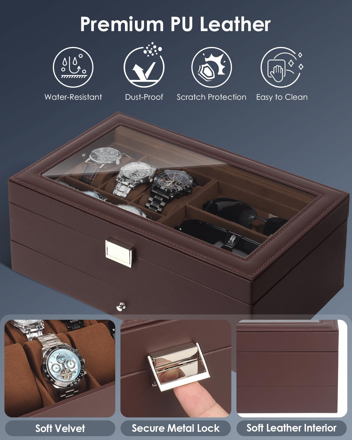 Watch Jewelry Box Organizer, 6-Slot 2-Layer Watch Case and Sunglasses Storage with Large Glass Lid, Men's Jewelry Box