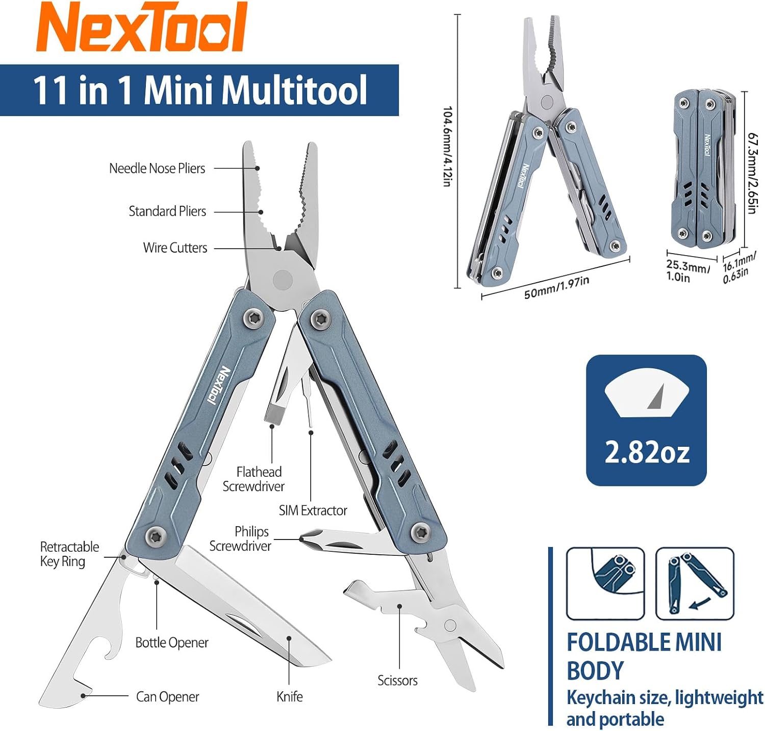 Mini Sailor S11 Keychain Multitool, 11-in-1 EDC Pliers (Blue) | Compact Ultra-Sharp Scissors, 5Cr15MoV Blade