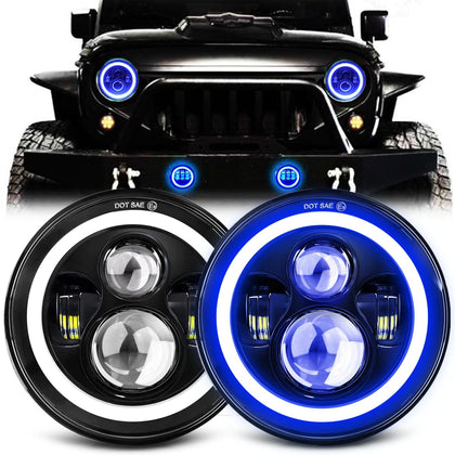 7 Inch LED Headlights with Blue Halo Ring Amber Turn Signal Wrangler Headlights High/Low Sealed Beam Projector