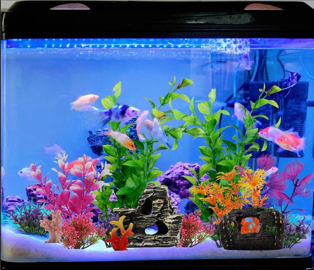 Fish Tank Decorations Plants with Resin Broken Barrel and Cave Rock View, 15pcs Aquarium Decorations Plants