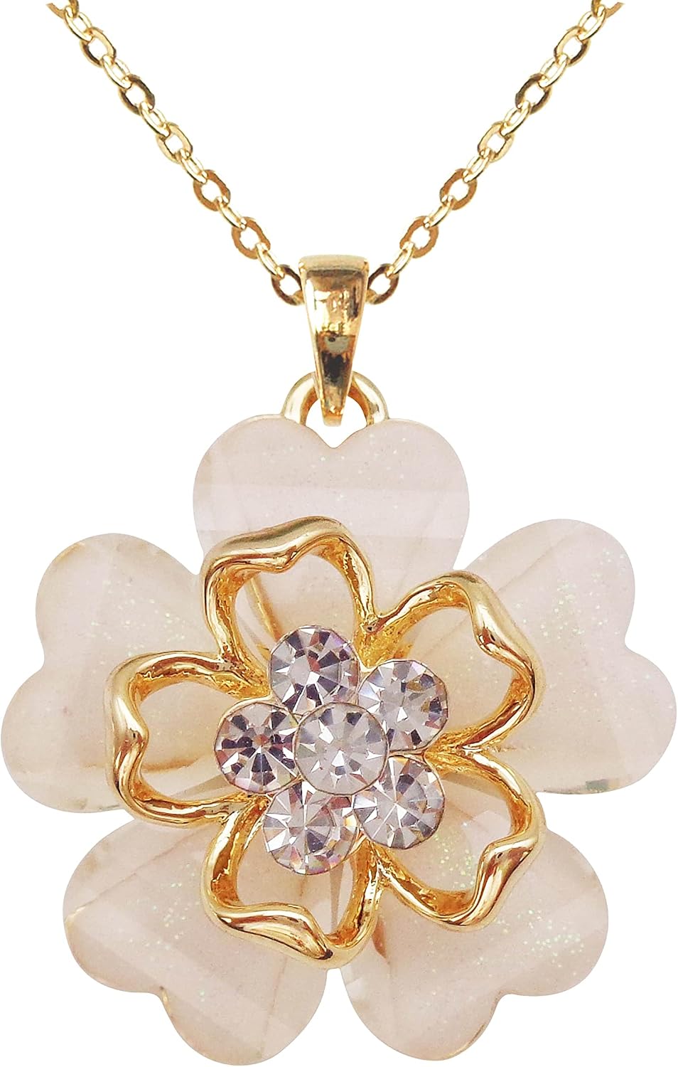 18k Gold Plated White Crystal Multicolor Acetate Blooming Flowers Pendant Necklace 16"+2"