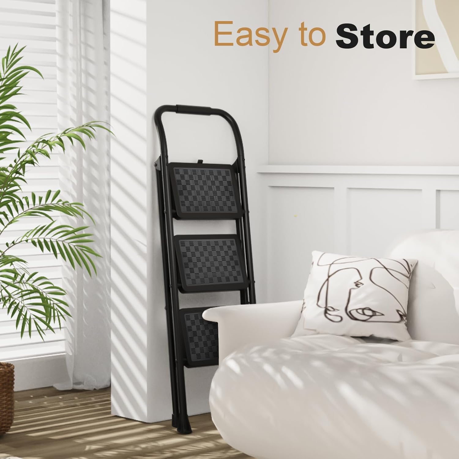 3 Step Ladder, Step Stool Foldable for Adults with Wide Anti-Slip Pedal, Lightweight 3 Step Ladders for Home, Black