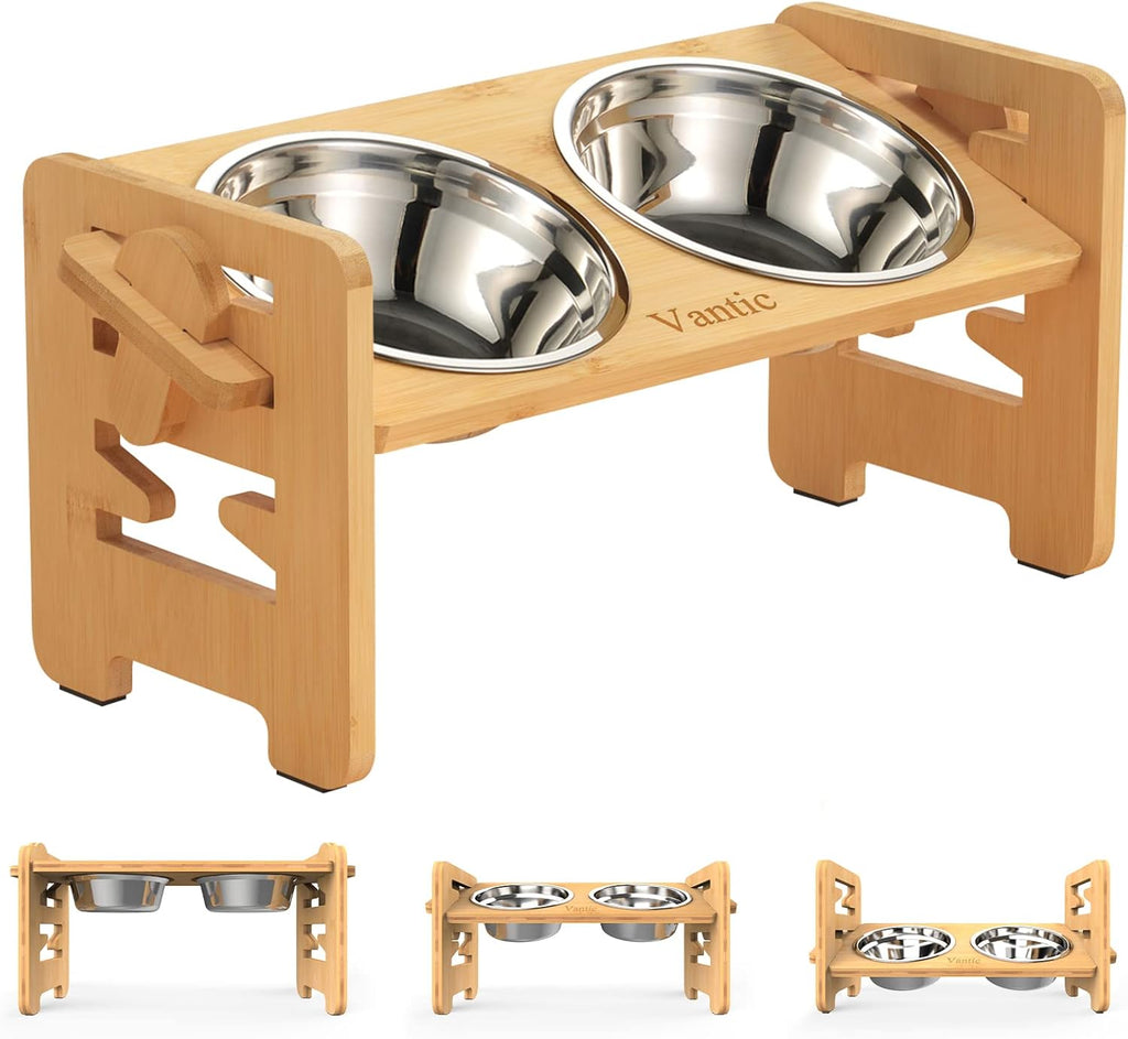 Elevated Dog Bowls, Adjustable Raised Dog Bowl Stand for Small Puppy and Cats, Sturdy Bamboo Pet Food Feeder with 2