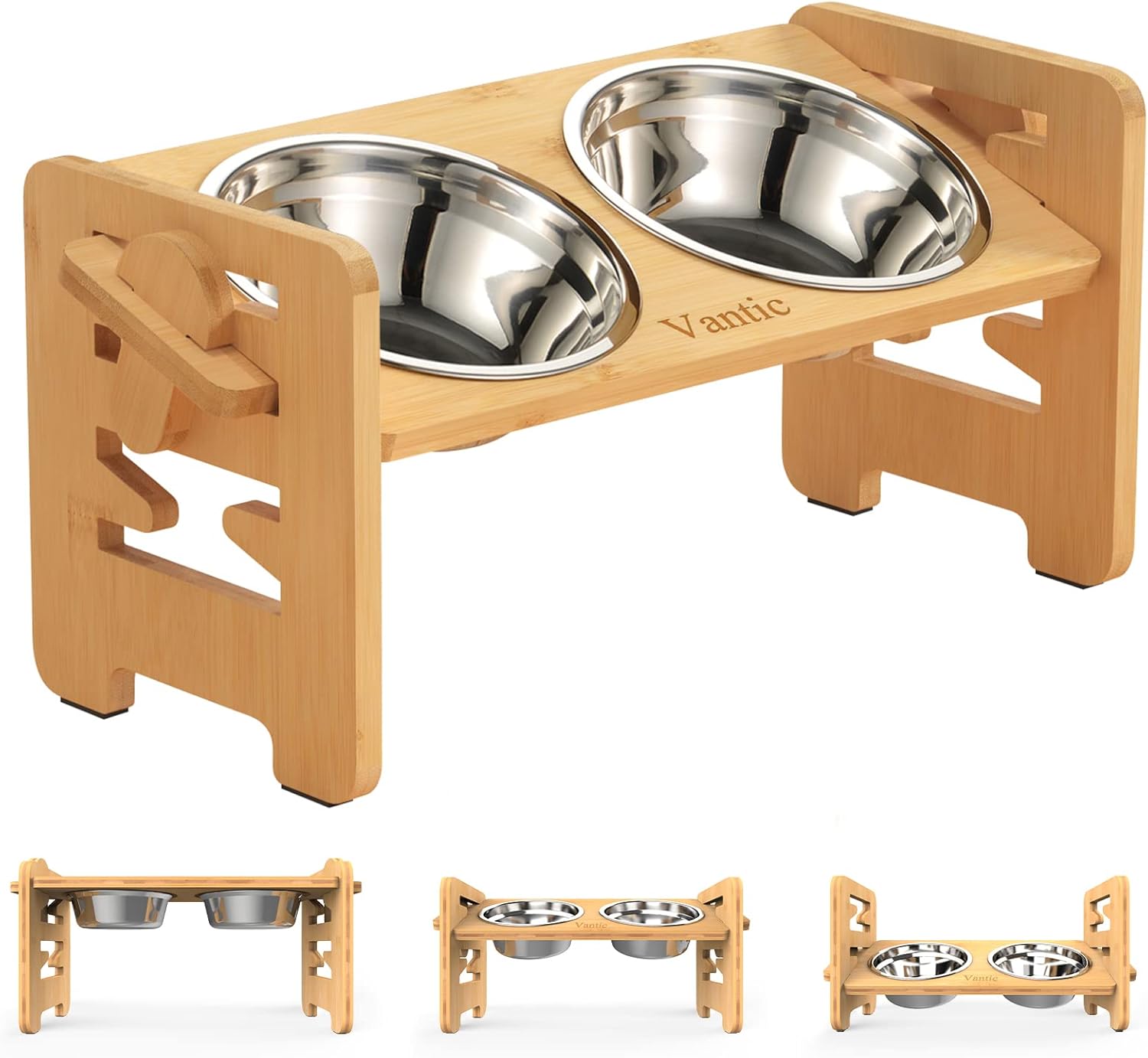 Elevated Dog Bowls, Adjustable Raised Dog Bowl Stand for Small Puppy and Cats, Sturdy Bamboo Pet Food Feeder with 2
