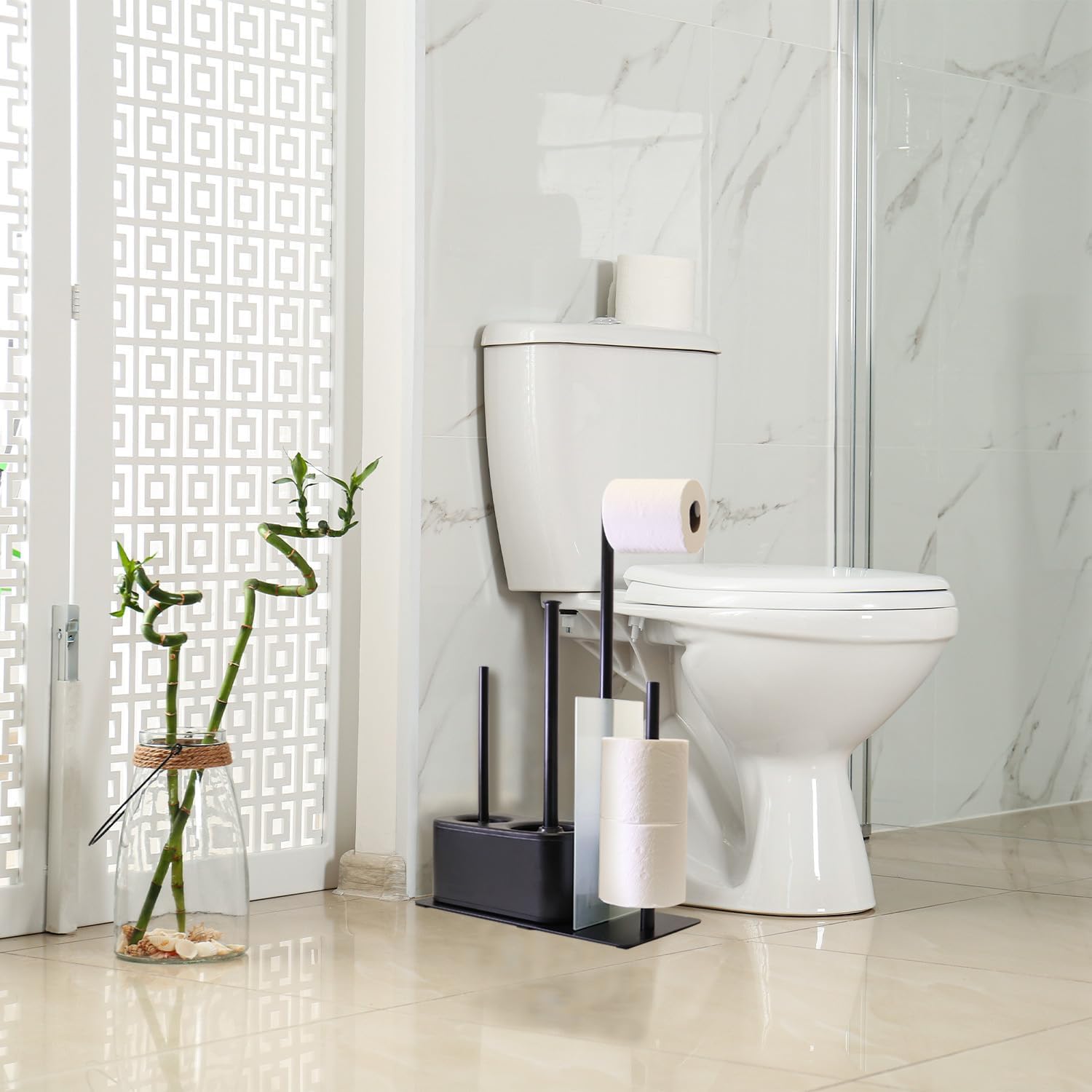 Modern Bath Set for Bathroom Organization, All in One Toilet Brush, Toilet Plunger, Toilet Paper Holder Stand and