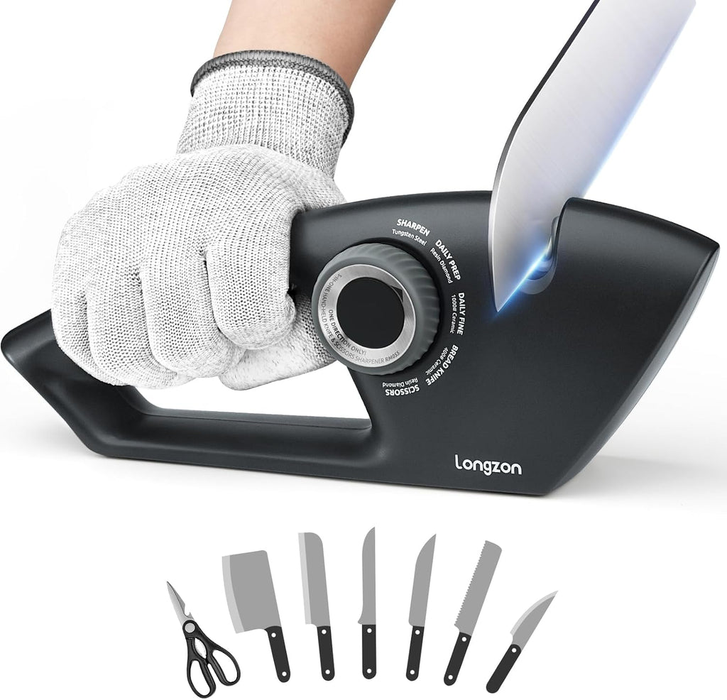 6-in-1 Knife Sharpener 5 Stage with Cut-Resistant Glove, Manual Kitchen Tool for Scissors, Straight & Serrated