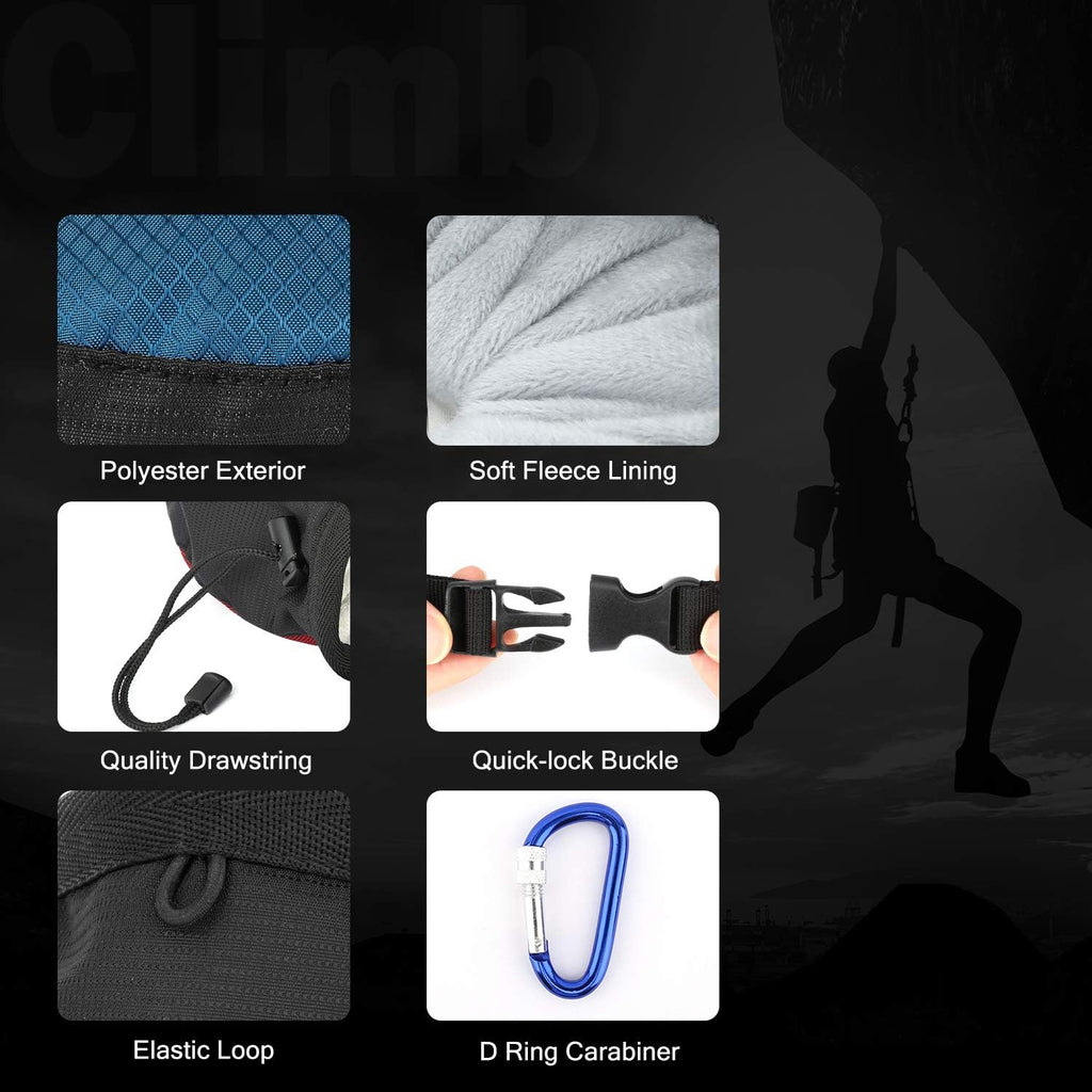 Climbing Chalk Bag, No Leak Drawstring Chalk Bag with Adjustable Belt, Carabiner Clip and Zippered Pockets Chalk Bag
