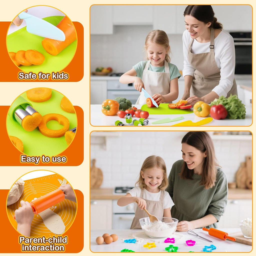 52 PCS Kids Cooking Sets, Montessori Pretend Play Kitchen Toys for Real Cooking Baking, Toddler Knife Set with Chef