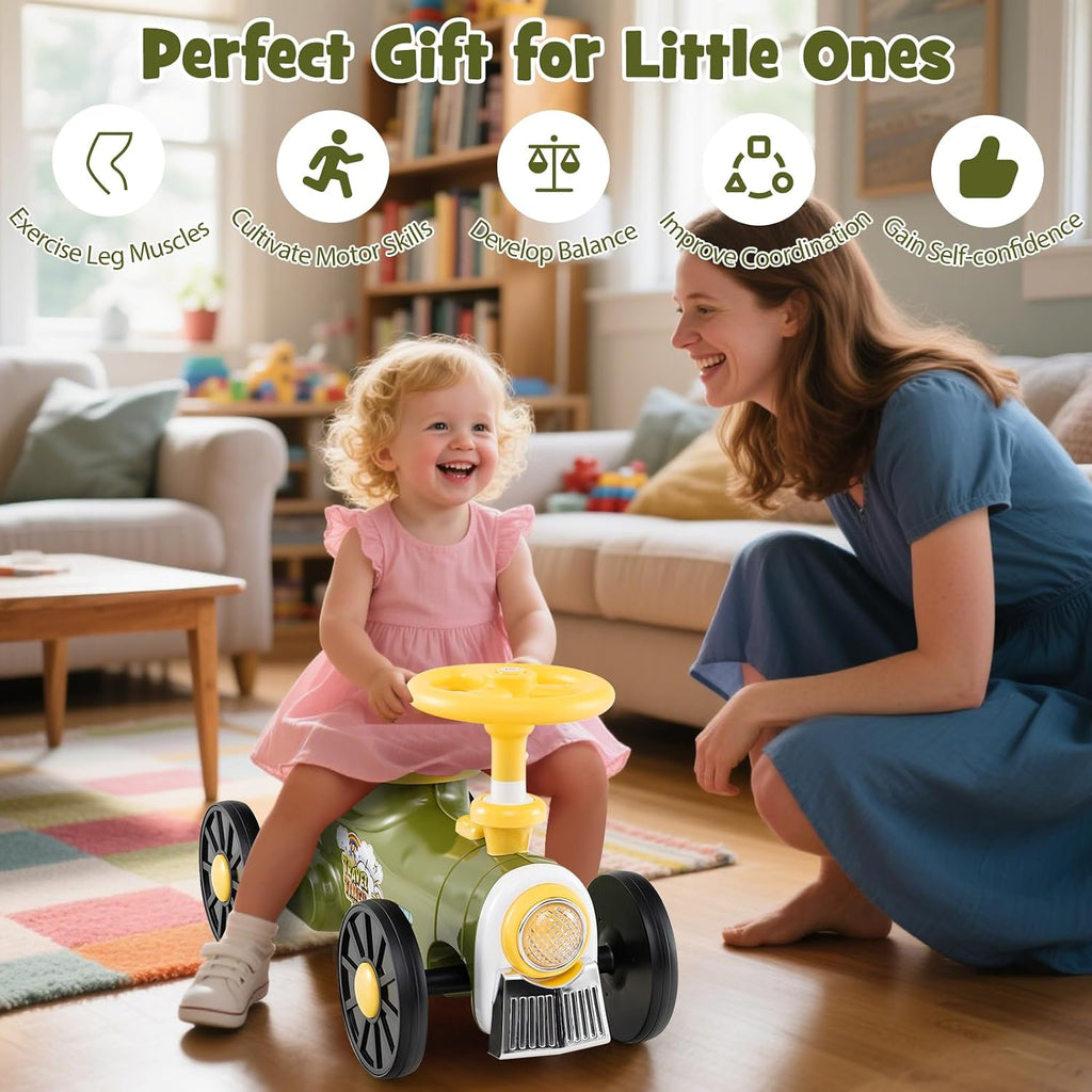 Ride On Push Car, Retro Kids Riding Toy with Steering Wheel, Train Whistle Sound & Under Seat Storage, Foot-to-Floor