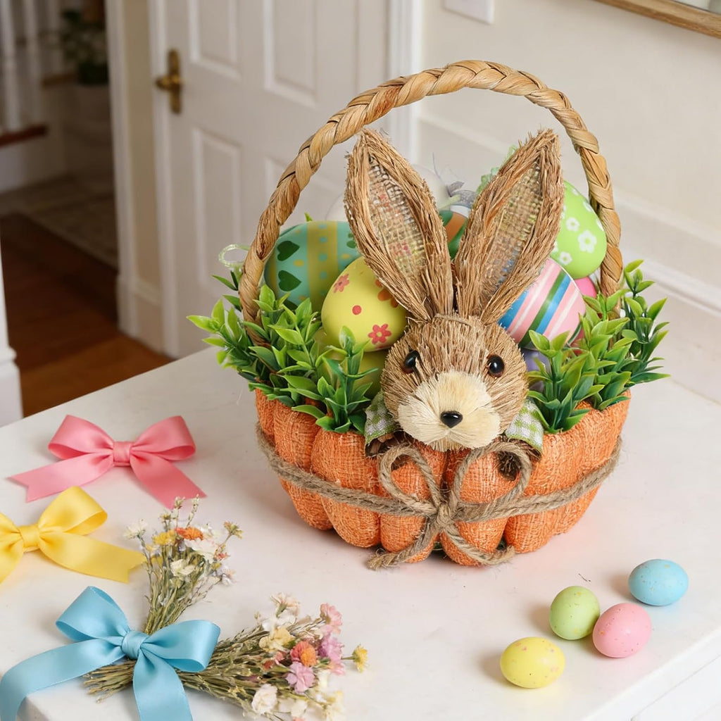 Easter Basket Decoration with Handle, Handmade Straw Bunnies, 12 Hanging Easter Eggs,Carrot Baskets for Easter Egg