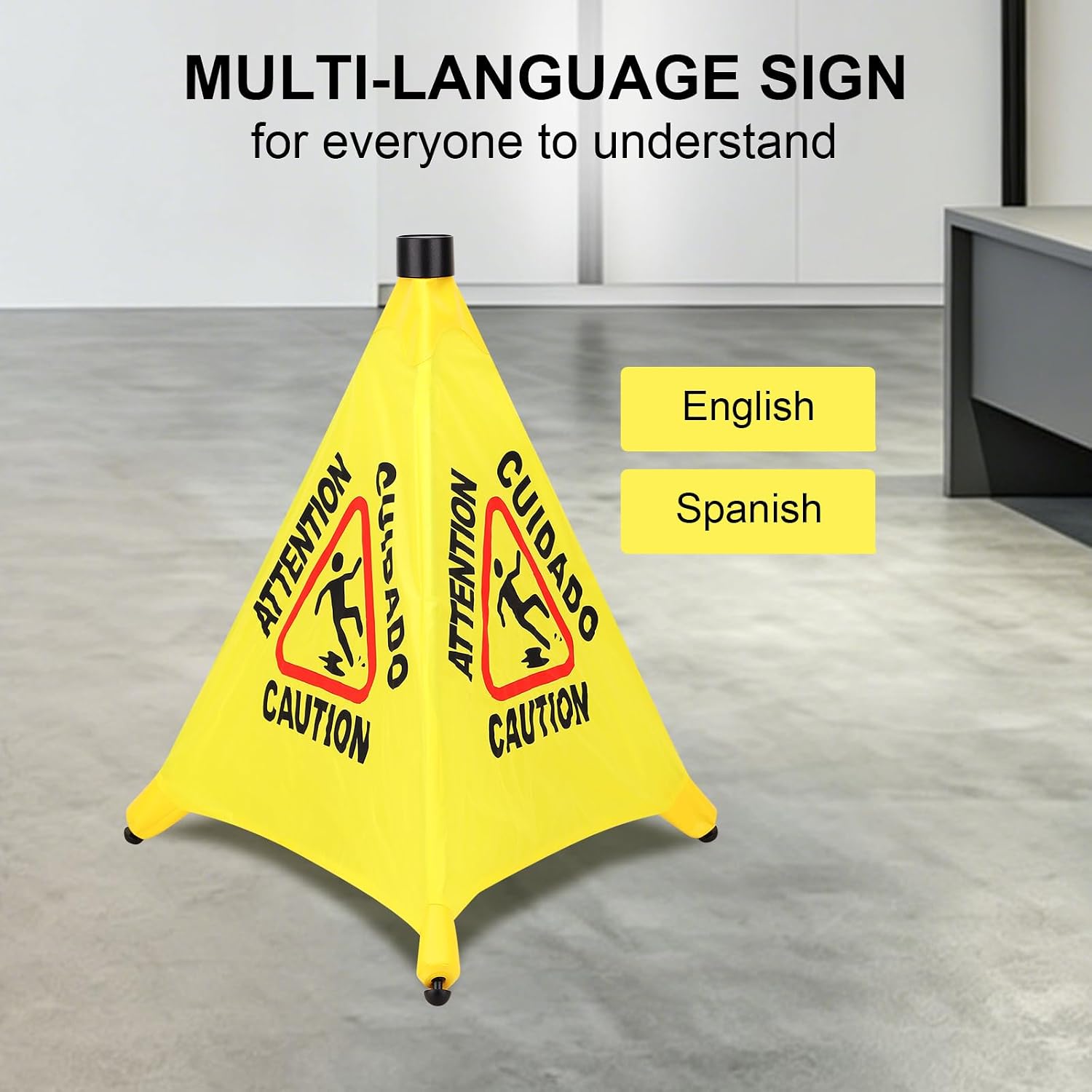 Caution Wet Floor Sign - 20" Height Bright Yellow Four-Sided Folding Pop Up Foldable Design - English Safety Warning